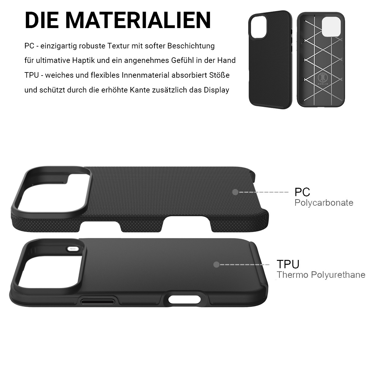 Das Bild zeigt schwarze Handyhüllen und hebt PC- und TPU-Materialien hervor, mit Details zu Textur und Schutzeigenschaften.