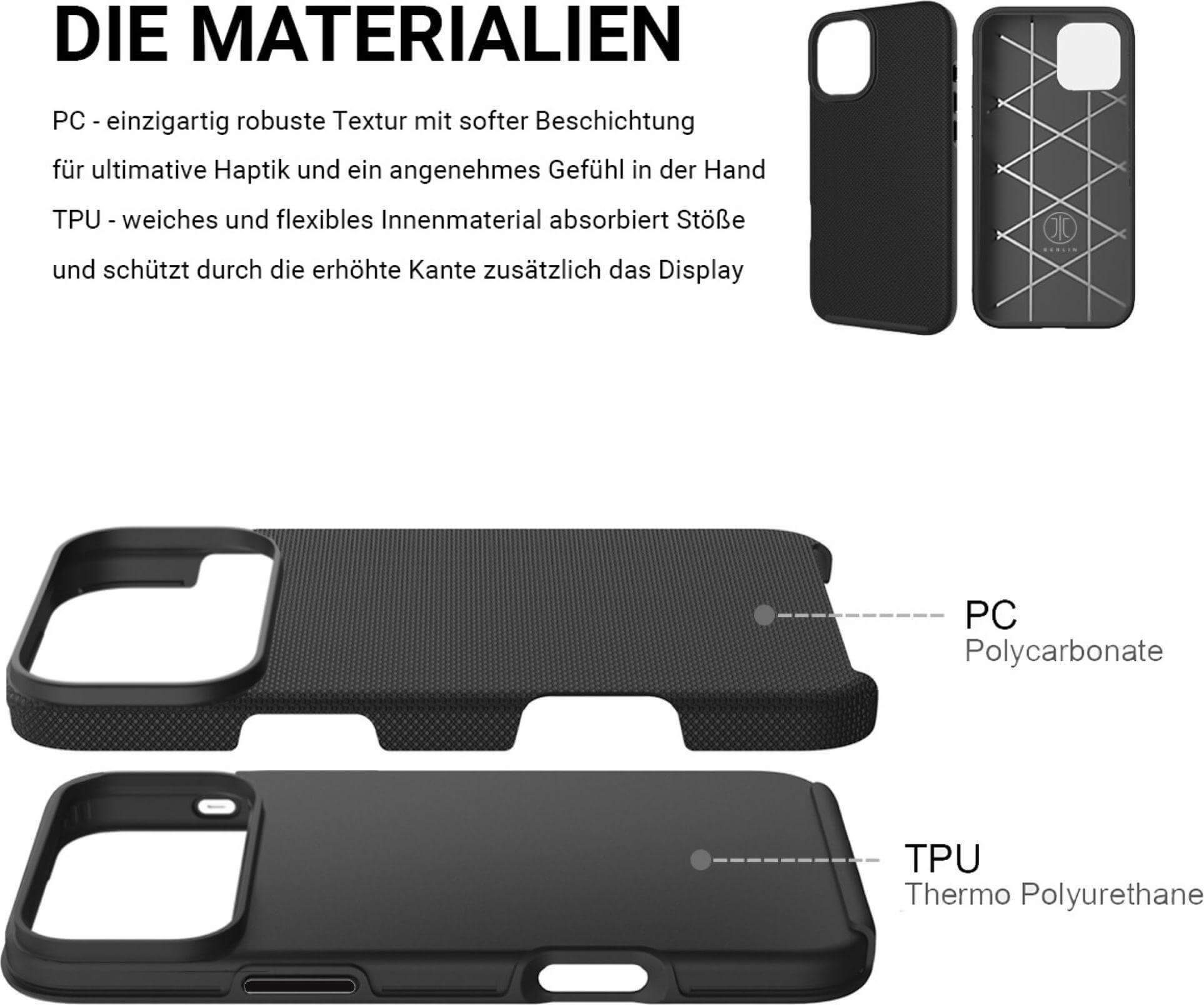 Das Bild zeigt eine Handyhülle mit PC- und TPU-Materialien. Text beschreibt die Materialien und ihre Eigenschaften.