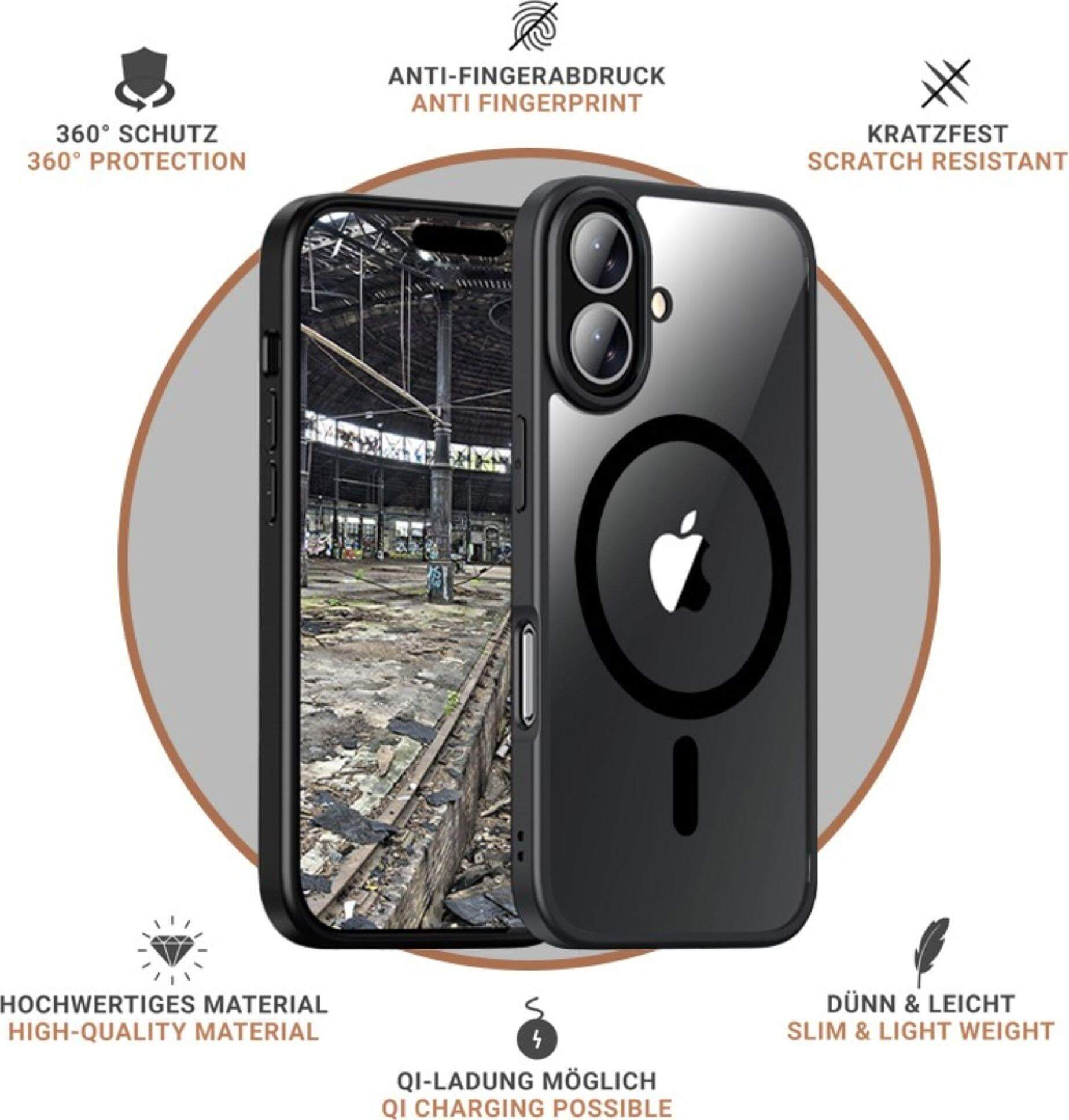 Une coque de téléphone avec un cadre noir, un dos transparent, le logo Apple et des étiquettes de texte. Le fond représente un bâtiment industriel.