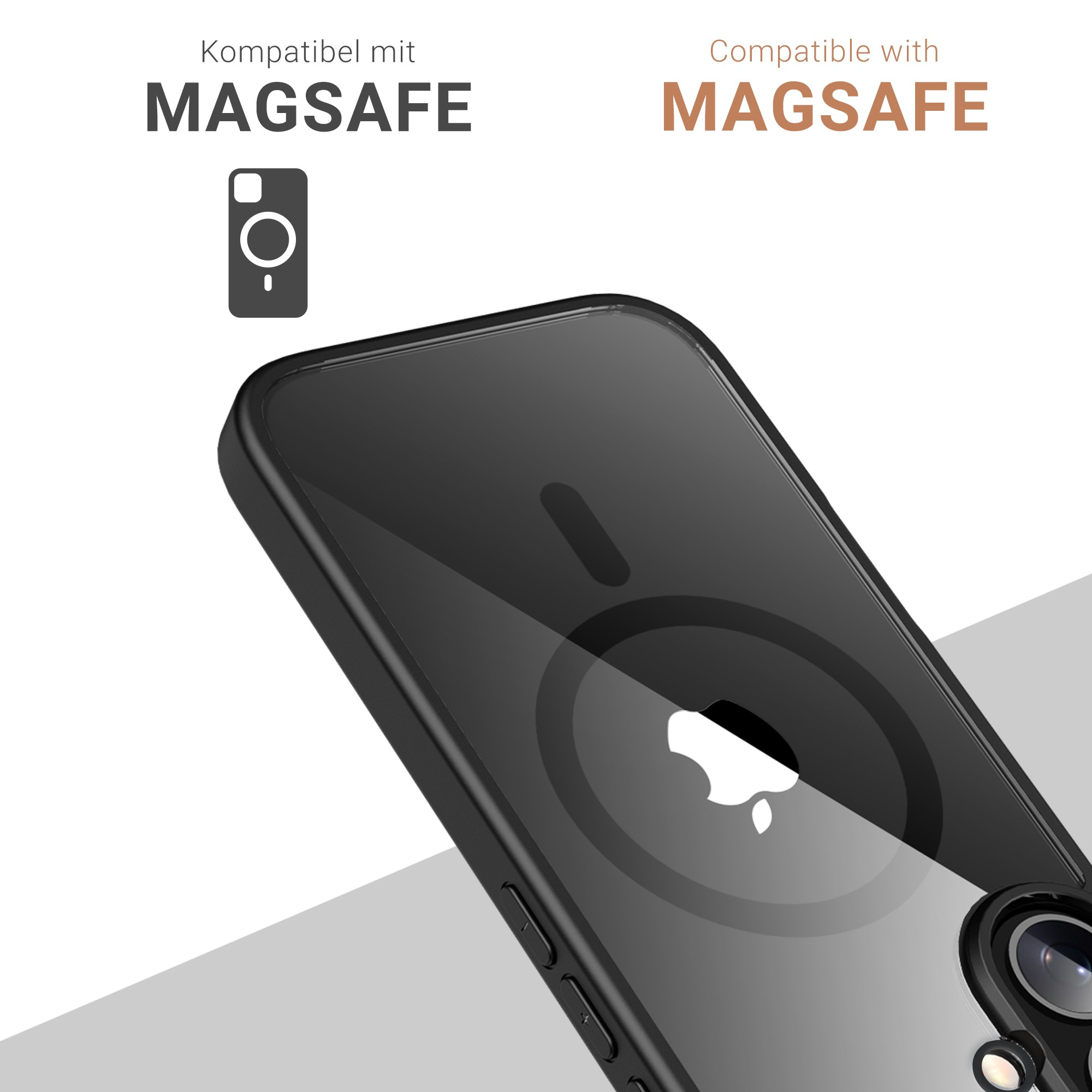 Une coque noire avec anneau MagSafe, logo Apple visible. Texte: Kompatibel mit MAGSAFE, Compatible with MAGSAFE.
