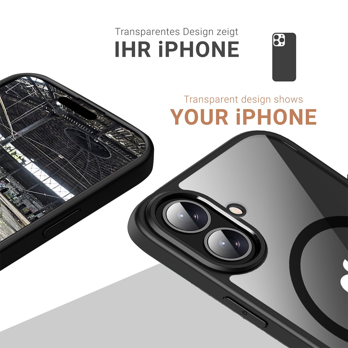 Deux coques d'iPhone avec un design transparent. L'une montre une usine, l'autre l'appareil photo du téléphone. Texte : 'Votre iPhone'.