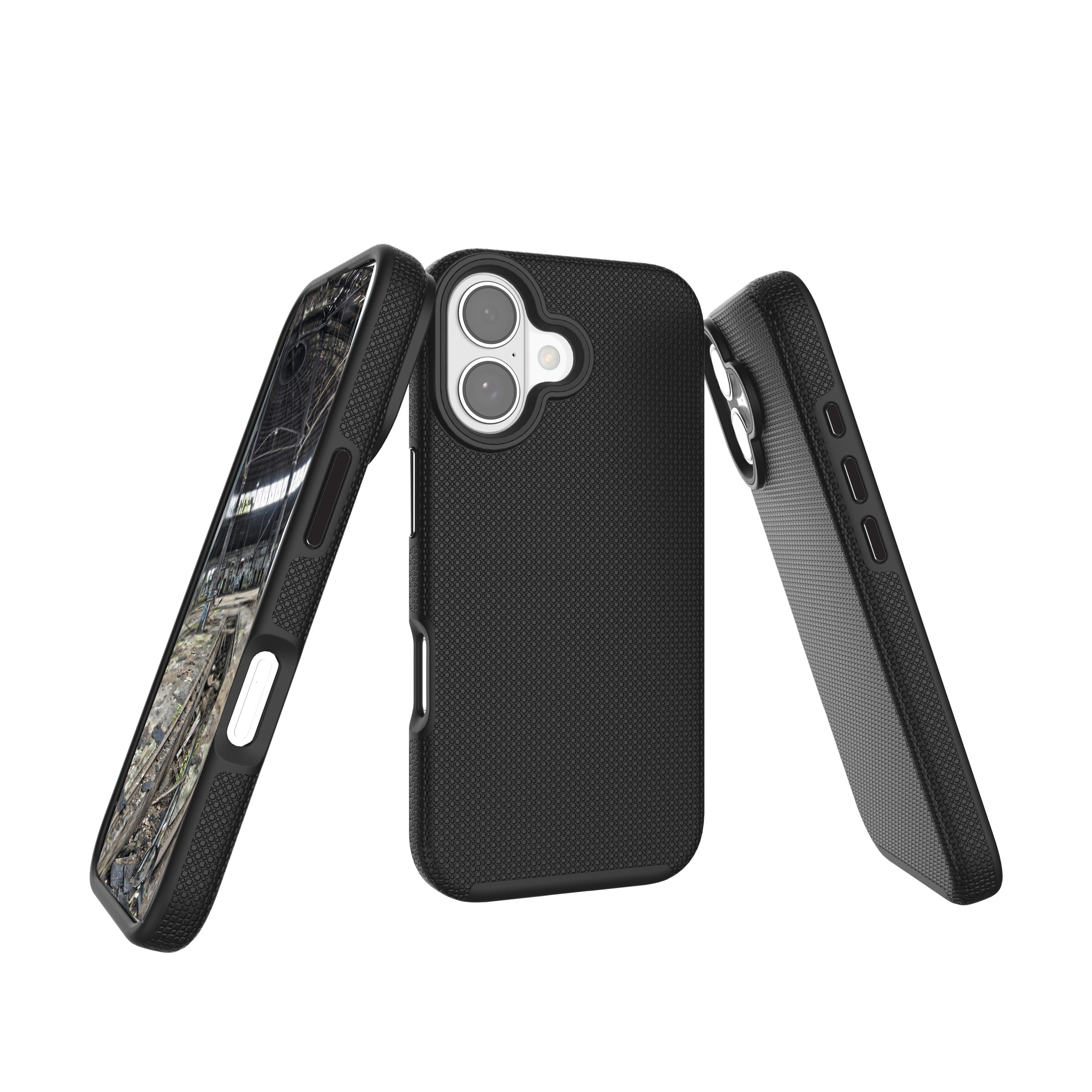 Trois coques de téléphone noires. La coque du milieu est droite, les deux autres sont inclinées. Les écrans affichent une scène industrielle.