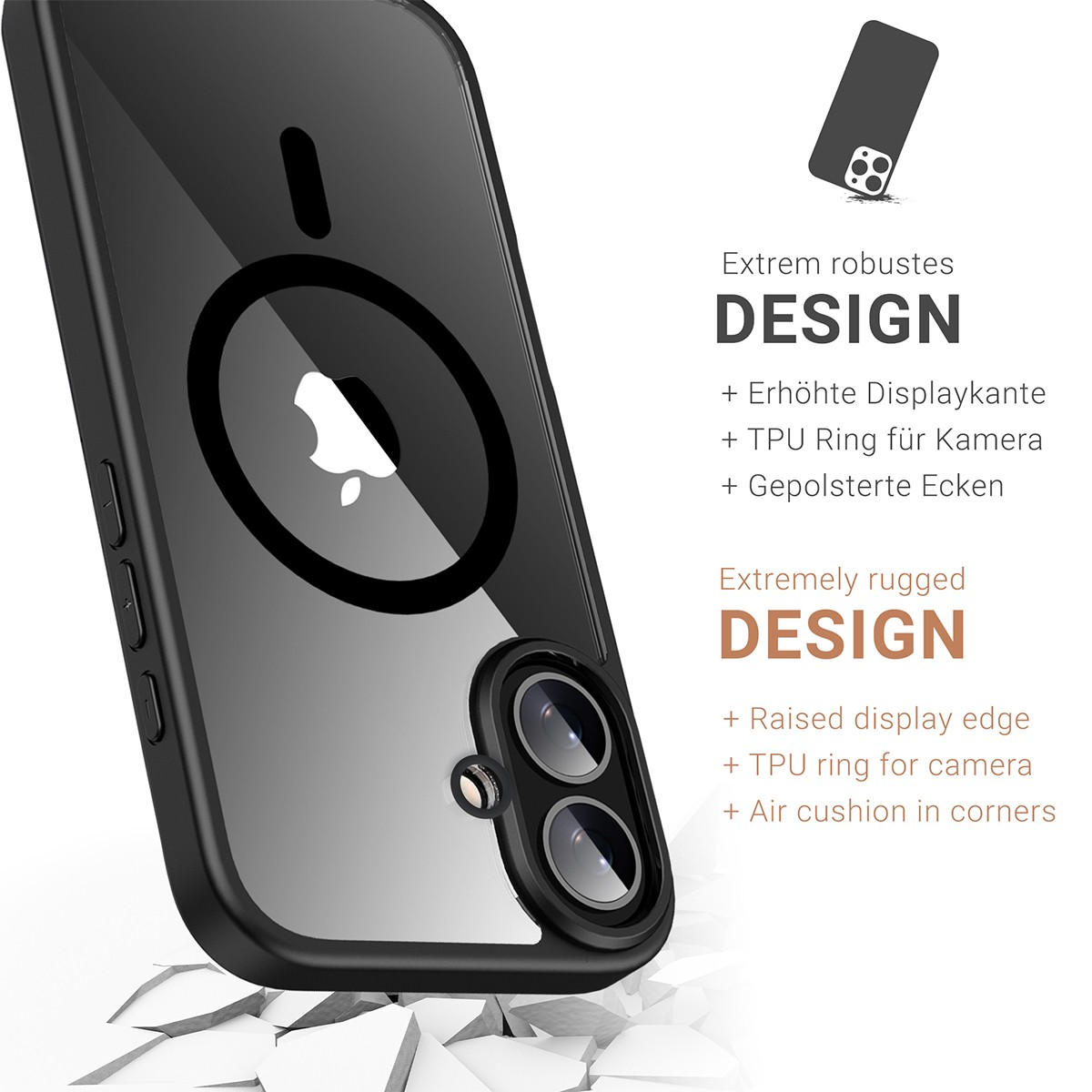 Coque de téléphone noire avec dos transparent, découpe caméra. Texte : 'DESIGN extrêmement robuste'. Caractéristiques : bord surélevé, anneau caméra, coussin d'air.