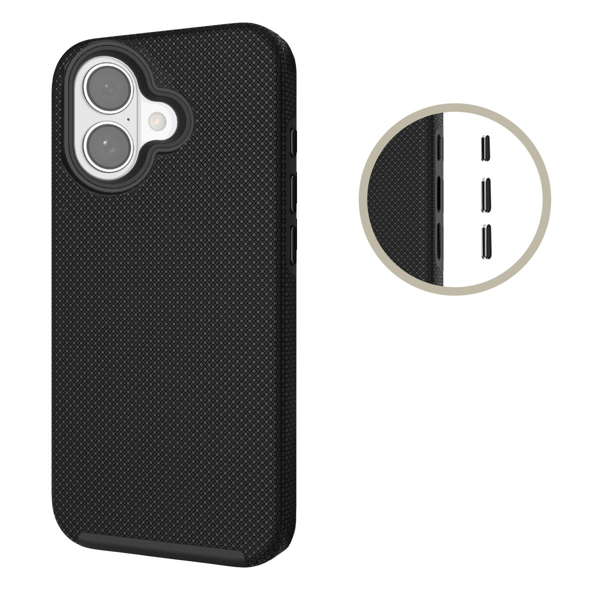 Coque de téléphone noire avec surface texturée, découpes pour appareil photo et boutons latéraux. Une incrustation circulaire montre les détails des boutons latéraux.