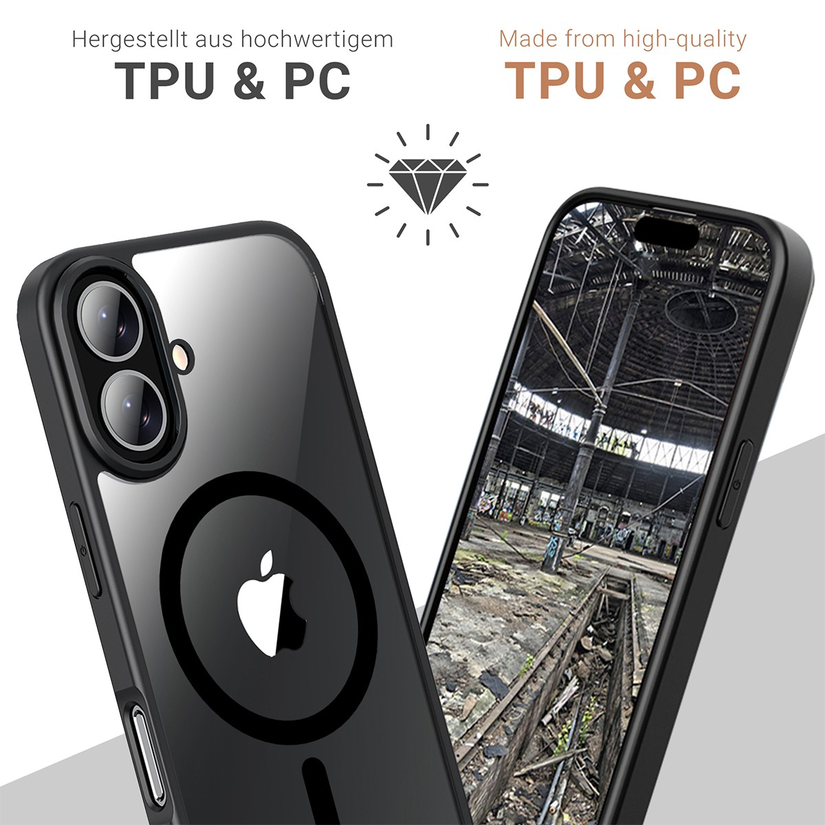 Deux coques de téléphone avec des descriptions TPU et PC. Une coque affiche un logo Apple. L'autre montre un intérieur industriel.