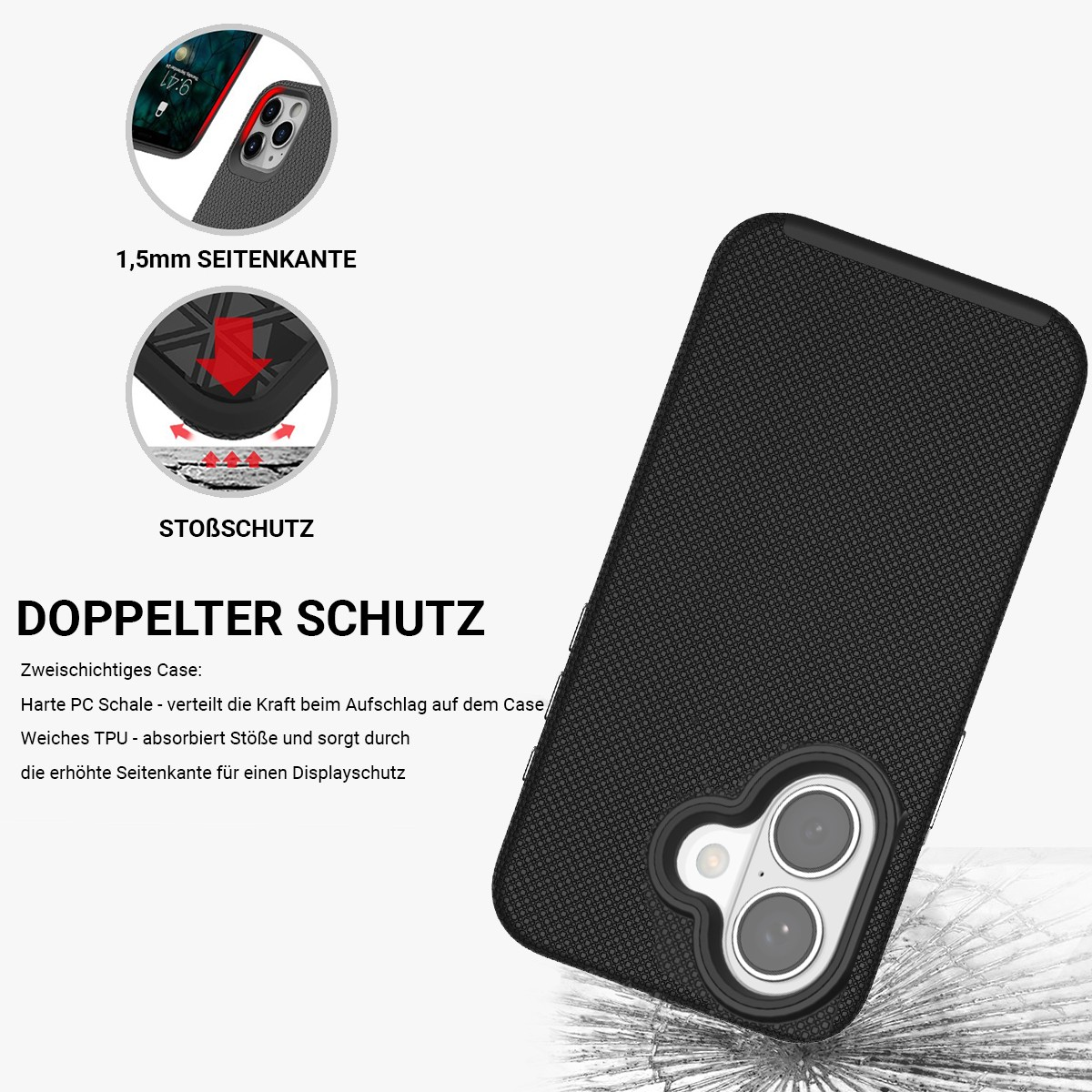 Coque de téléphone noire avec dos texturé, découpes caméra et fonctions de protection. Diagrammes montrent résistance aux chocs et protection des bords.