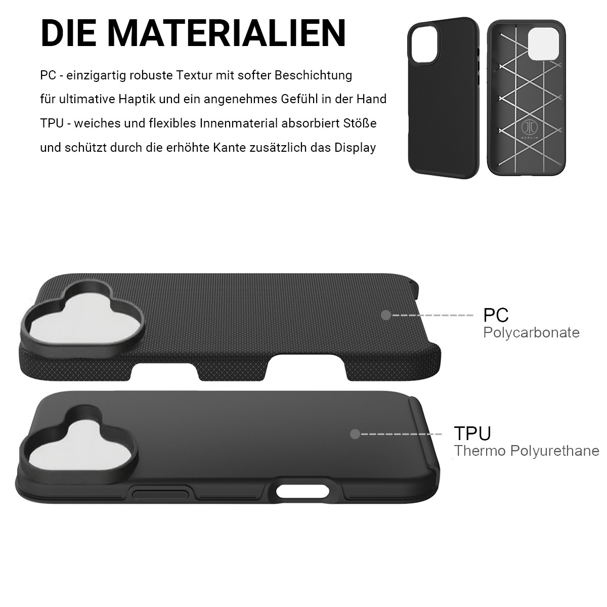 L'image montre des coques de téléphone, détaillant les matériaux PC et TPU. Textures, formes de téléphone et étiquettes visibles.