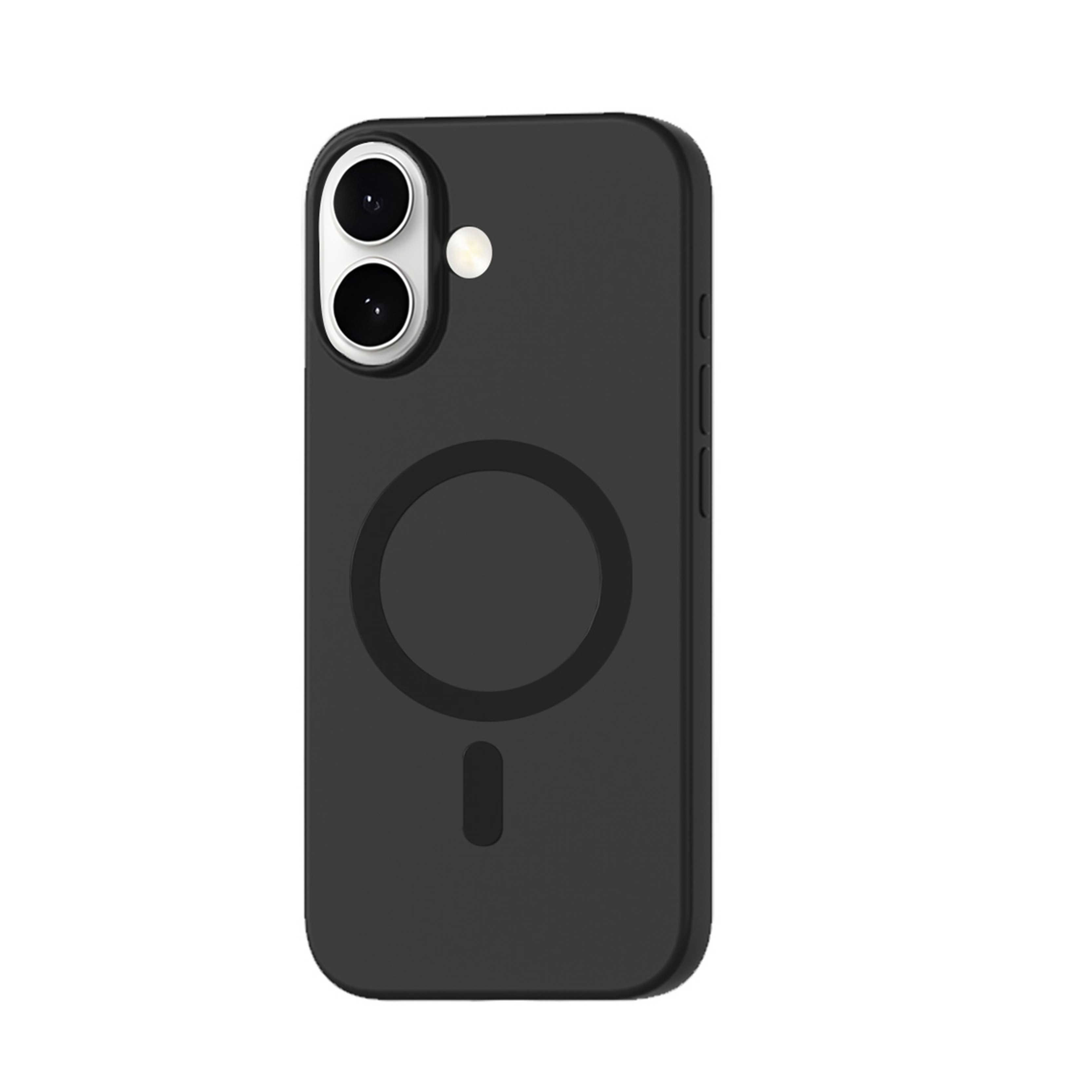 Une coque de téléphone noire avec une découpe pour caméra et un design MagSafe circulaire.
