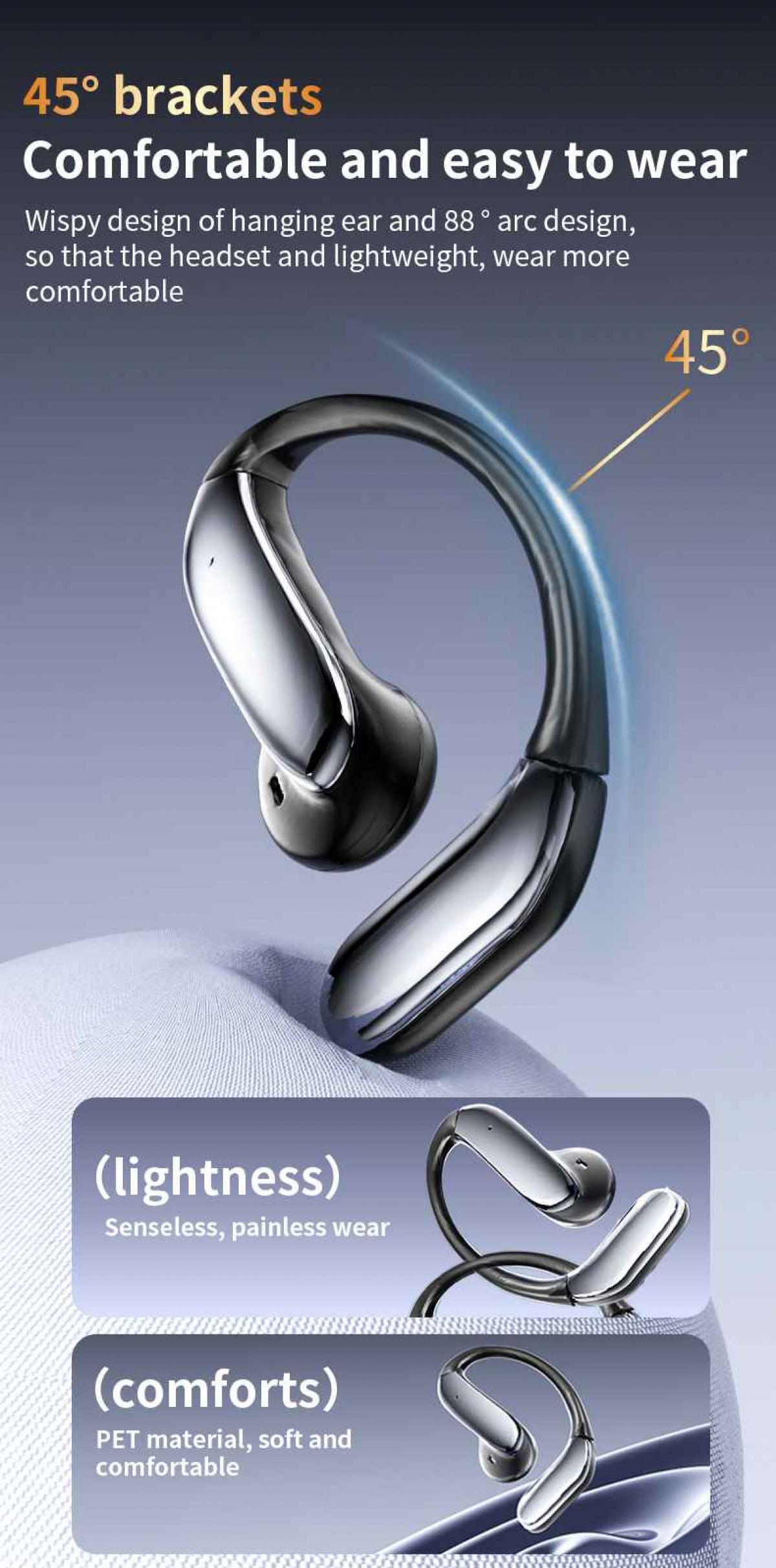 Ein silbernes Headset mit 45-Grad-Halterung. Es ist auf Komfort und Leichtigkeit ausgelegt, mit Details zum schmerzfreien Tragen.