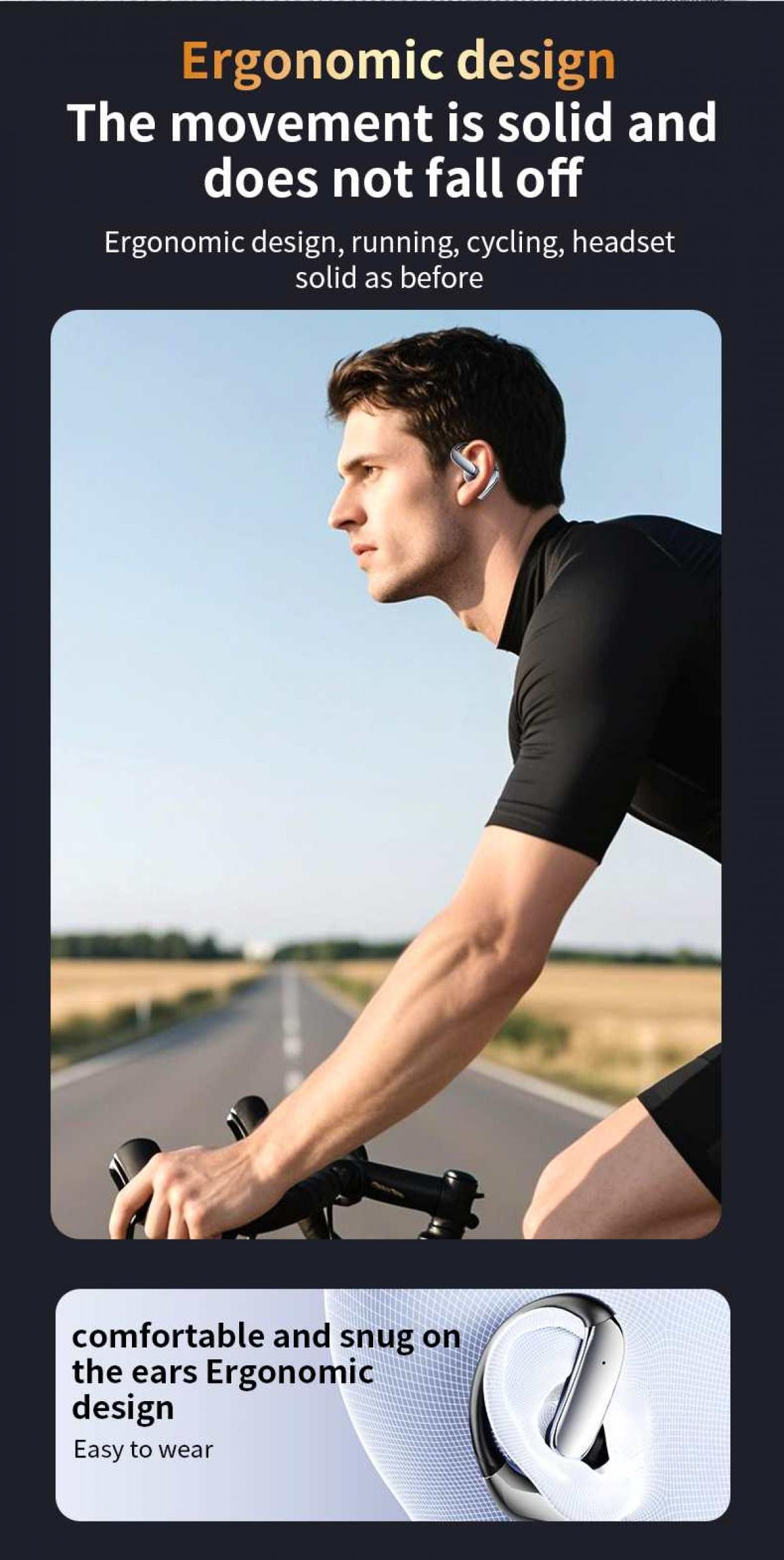 Ein Mann mit Ohrhörern fährt Fahrrad. Das Bild zeigt ergonomisches Design für Laufen, Radfahren und Headset-Nutzung.