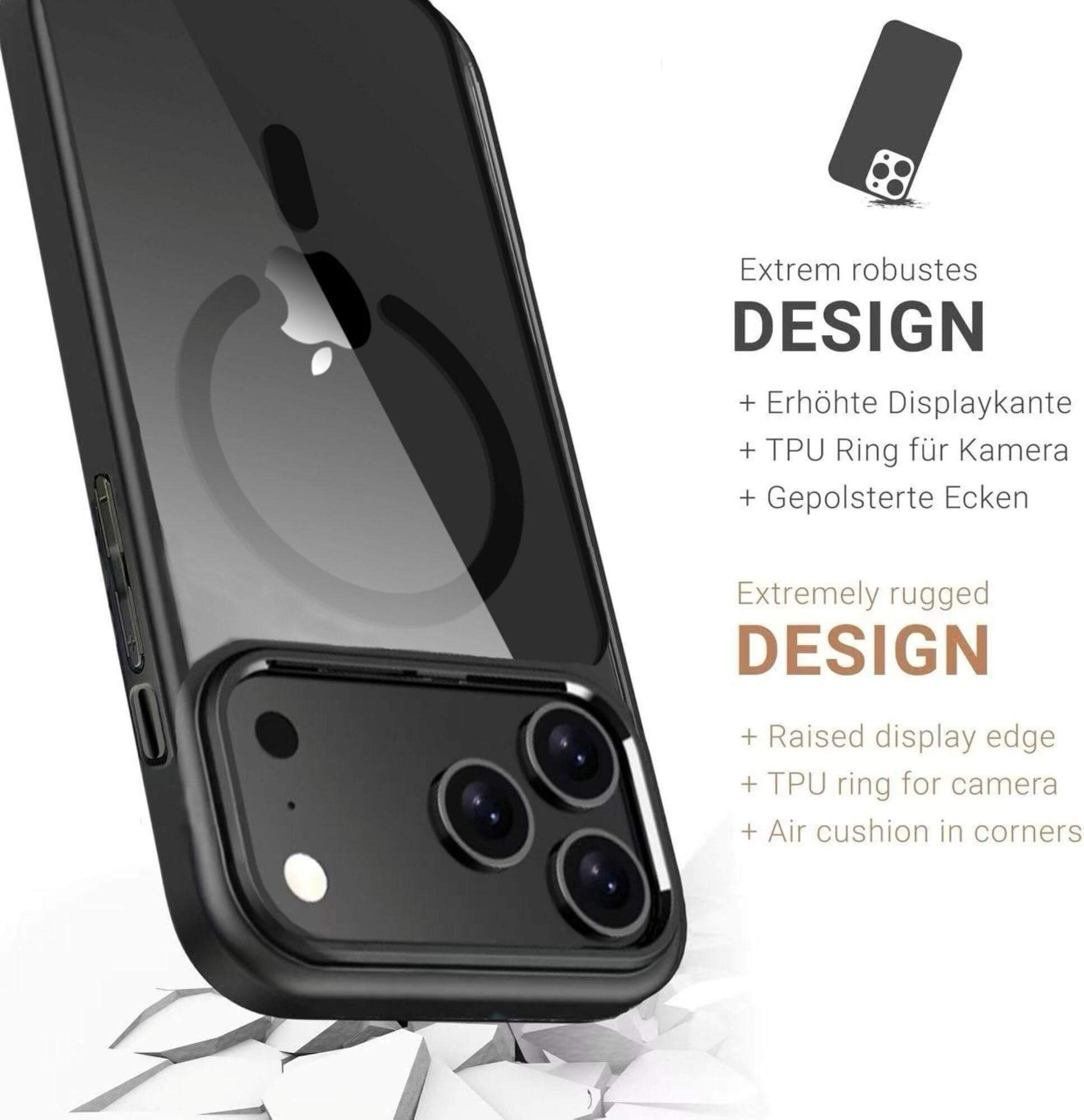 Un étui de téléphone noir avec des découpes pour l'appareil photo est affiché, avec du texte sur sa conception et ses caractéristiques de protection.