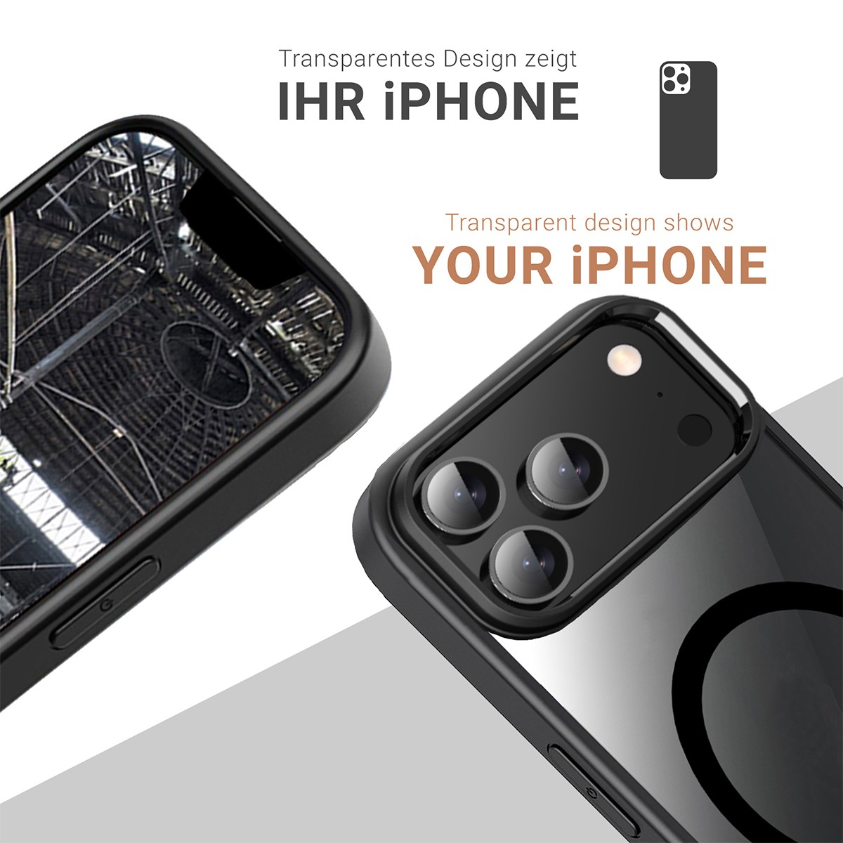 Nahaufnahme von zwei schwarzen iPhone-Hüllen. Eine zeigt das Telefoninnere, die andere hat Kameralinsen. Text: 'Transparentes Design zeigt Ihr iPhone'.