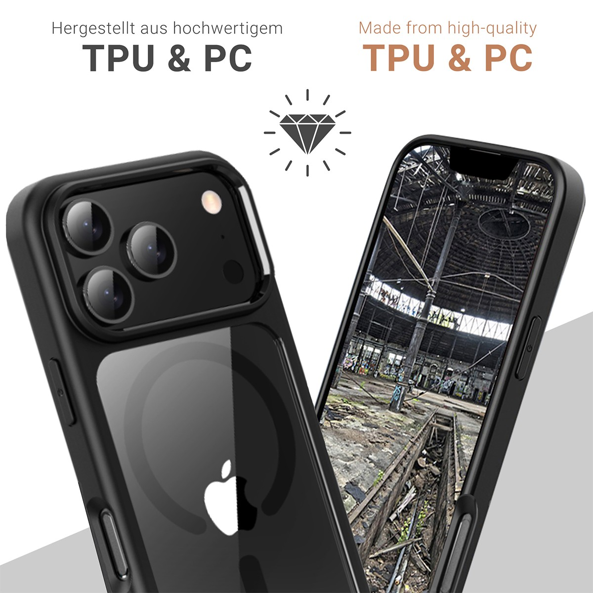 Zwei schwarze Handyhüllen, eine zeigt ein Apple-Logo, die andere ein Industrieinterieur, Text: "TPU & PC".