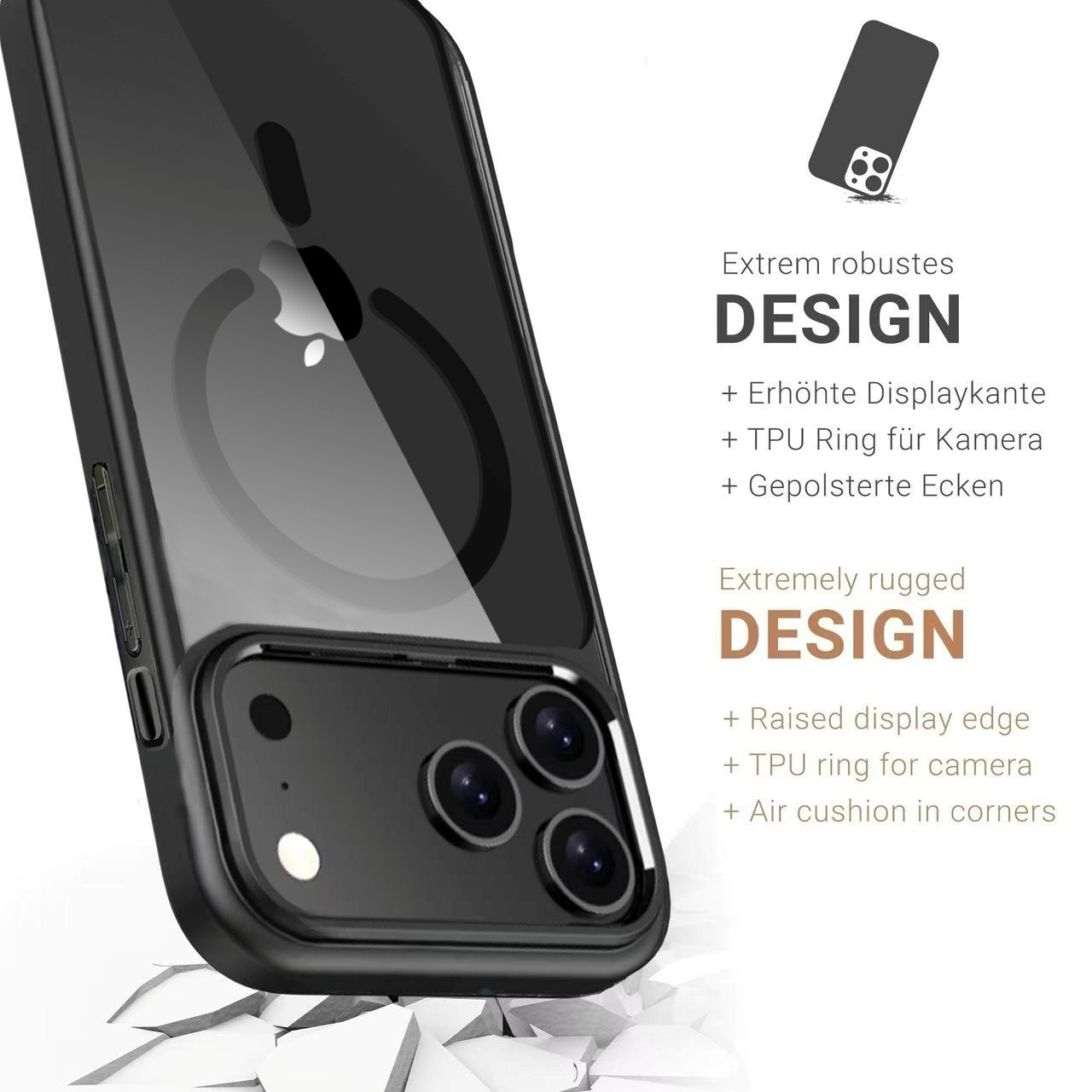 Eine schwarze Handyhülle mit durchsichtigem Rücken wird gezeigt. Sie hat eine Kameraerhöhung und Text über Design und Funktionen.