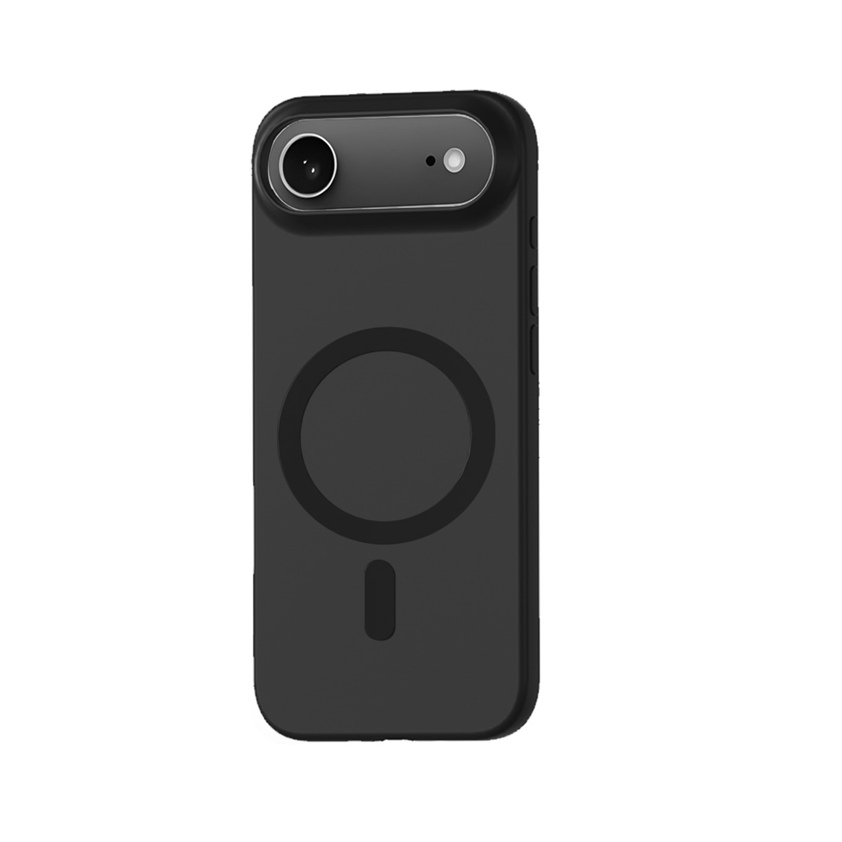 Coque de téléphone noire avec une découpe pour l'appareil photo et une zone de charge magnétique circulaire.