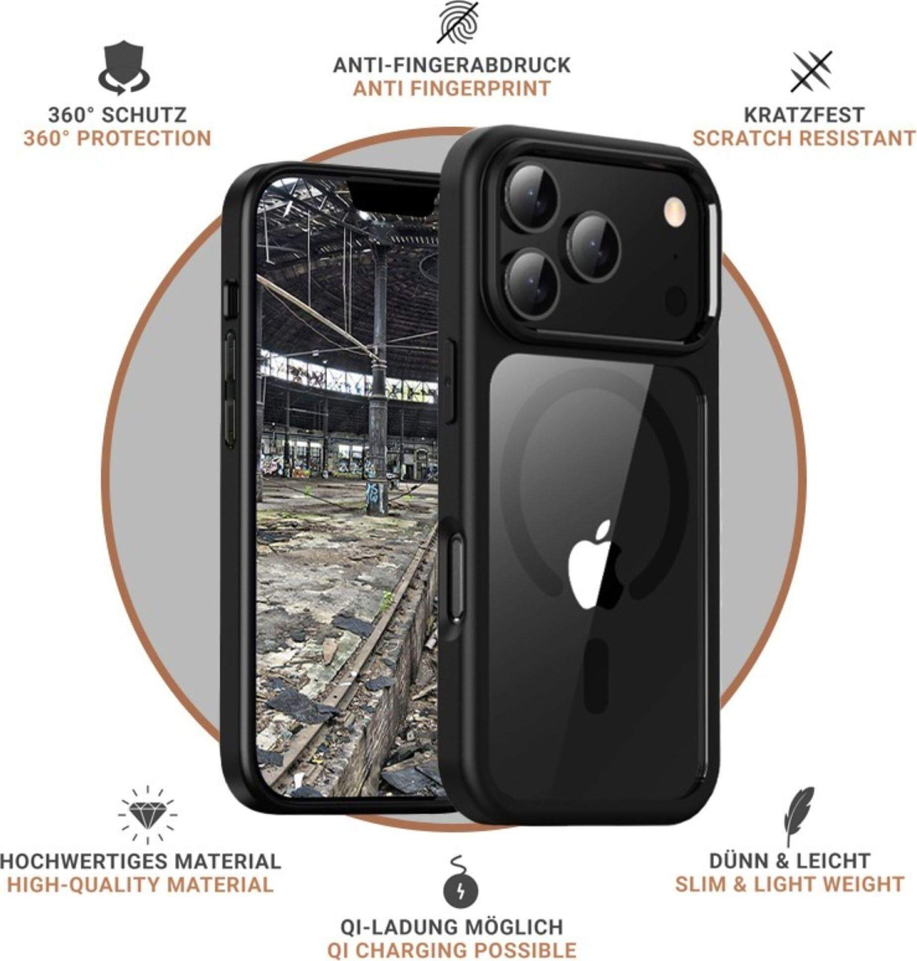 Coque de téléphone noire avec logo Apple. Caractéristiques : protection à 360°, anti-traces de doigts, résistant aux rayures, matériau de haute qualité et chargement Qi.