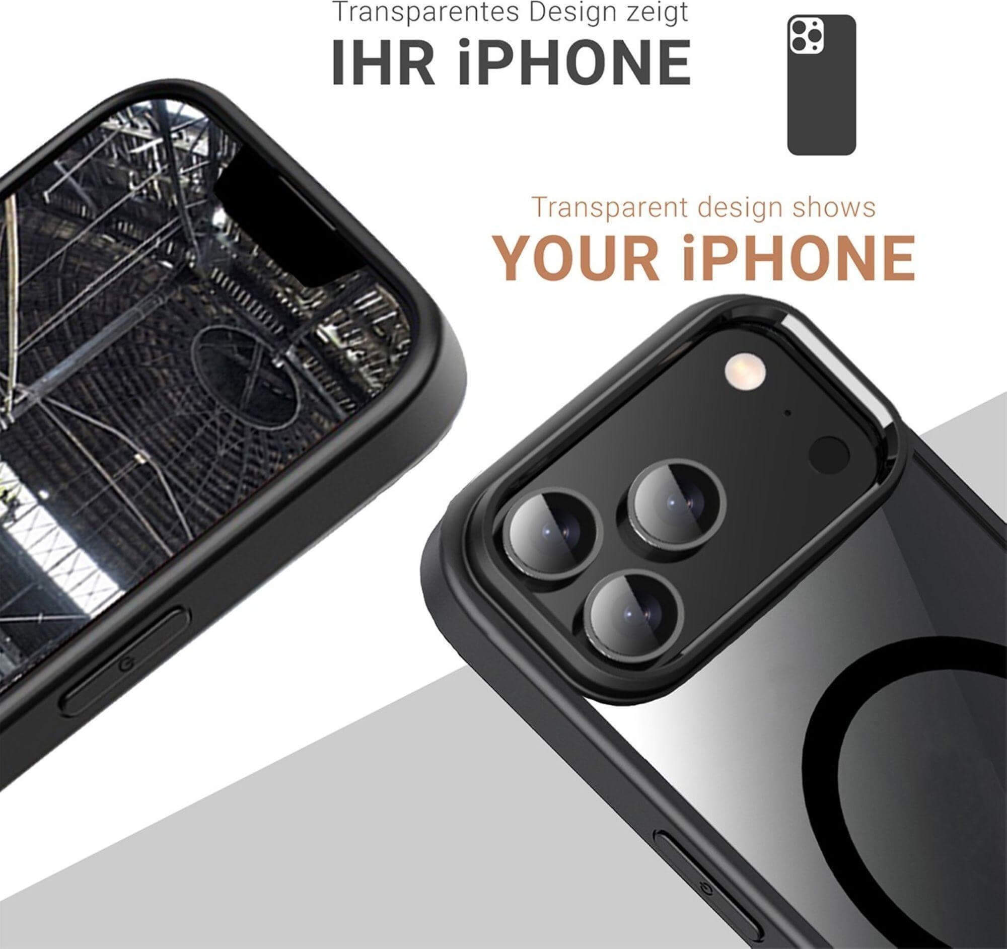 L'image montre une coque noire sur un iPhone. La coque a un dos transparent, avec la caméra visible.