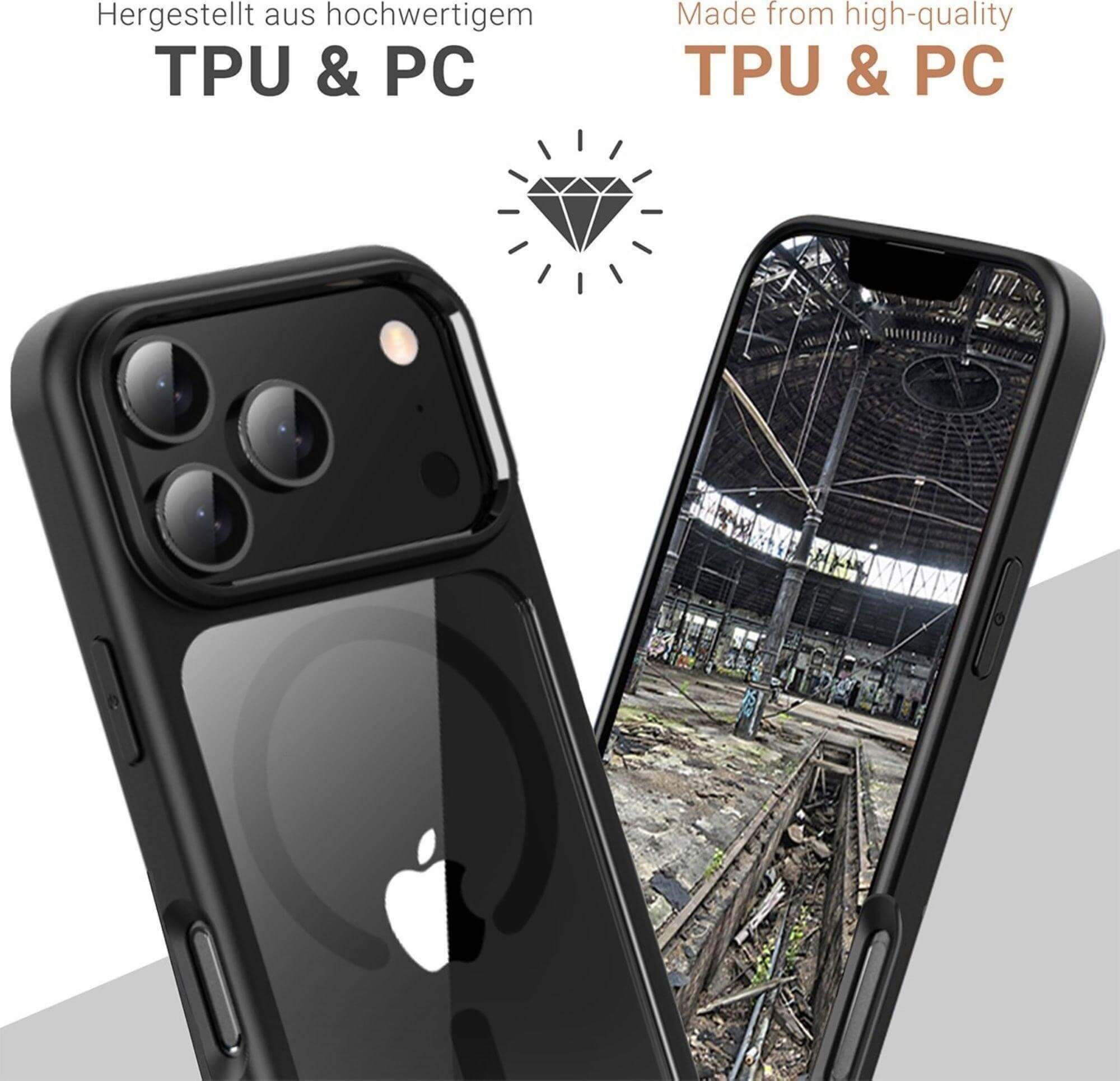 L'image montre deux coques de téléphone noires, une avec le logo Apple et l'autre avec un intérieur industriel. Texte en haut.