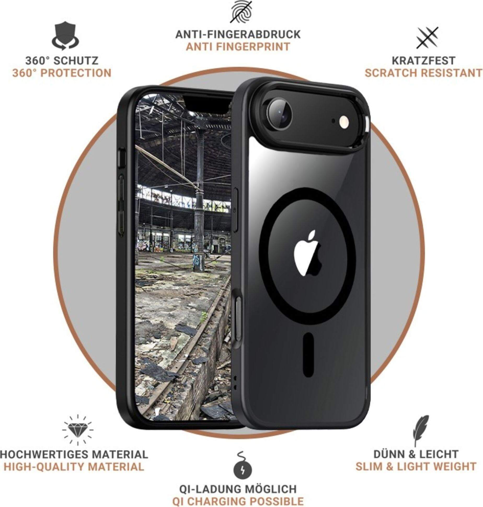 Coque de téléphone noire avec logo Apple. Caractéristiques : protection à 360°, anti-traces de doigts, résistance aux rayures et design fin.