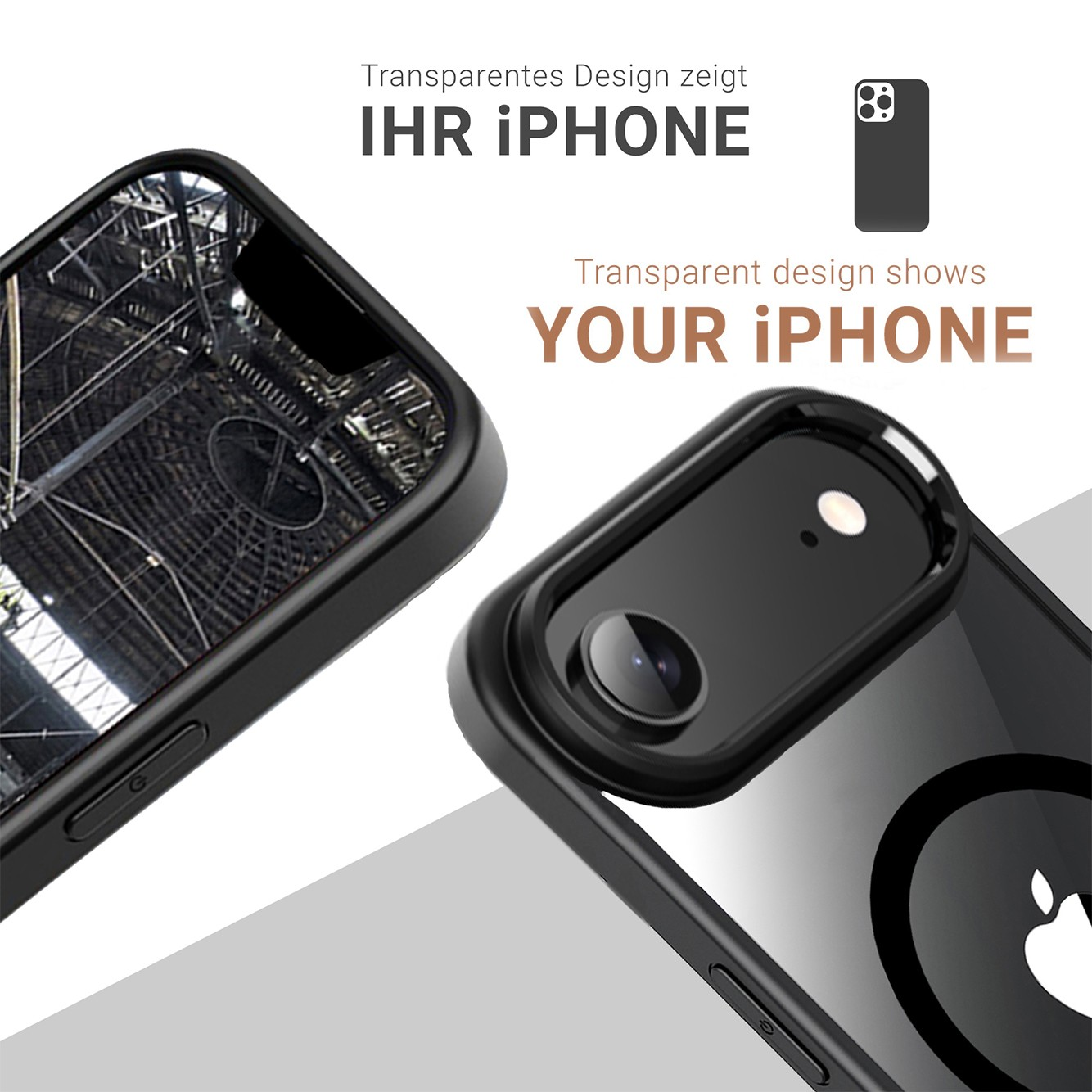 Deux coques iPhone noires. L'une reflète une structure métallique. L'autre montre la caméra et le logo Apple. Texte : 'Le design transparent montre VOTRE iPhone'.
