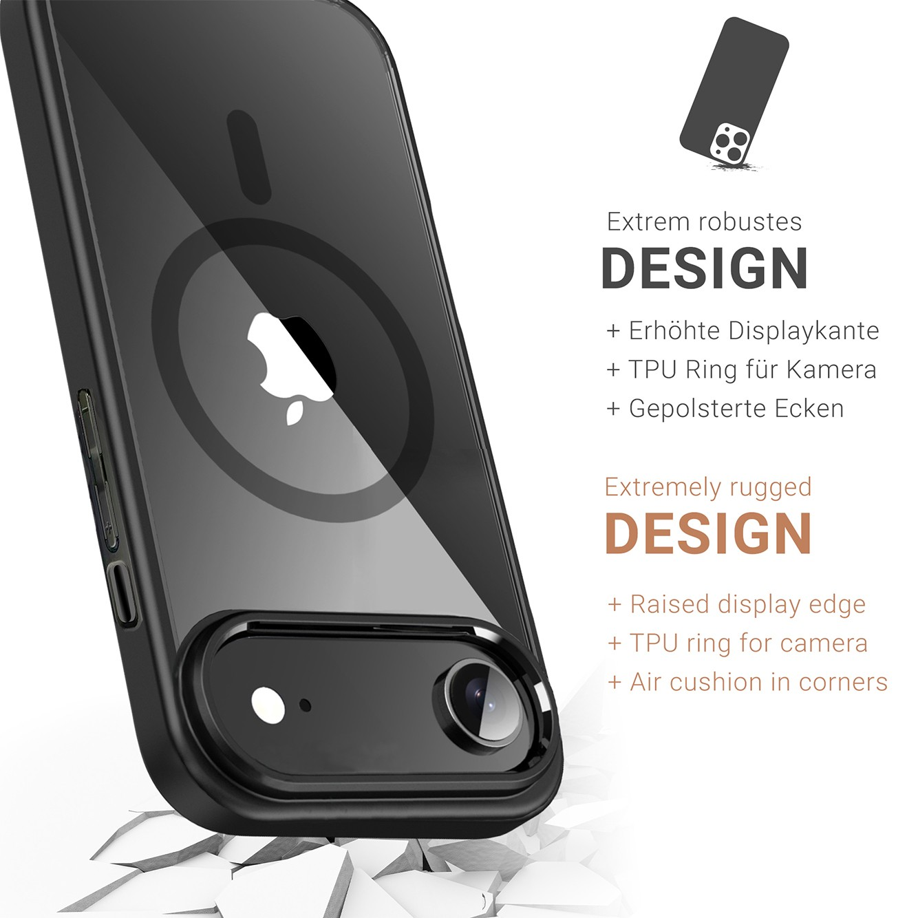 Une coque de téléphone noire avec dos transparent. Elle présente un bord d'écran surélevé, un anneau TPU pour l'appareil photo et des coussins d'air.