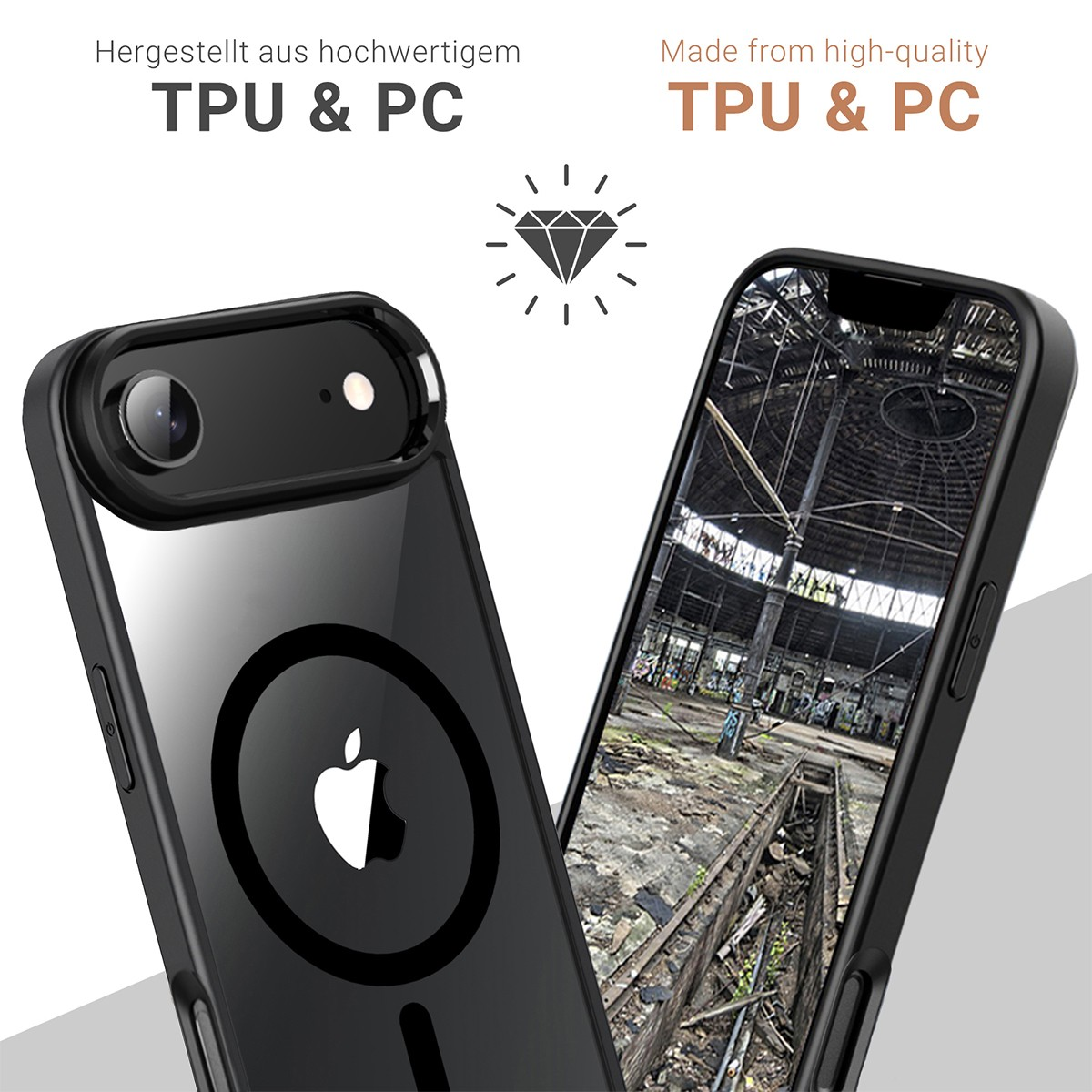 Deux coques de téléphone noires, l'une avec le logo Apple, l'autre avec une scène intérieure industrielle.