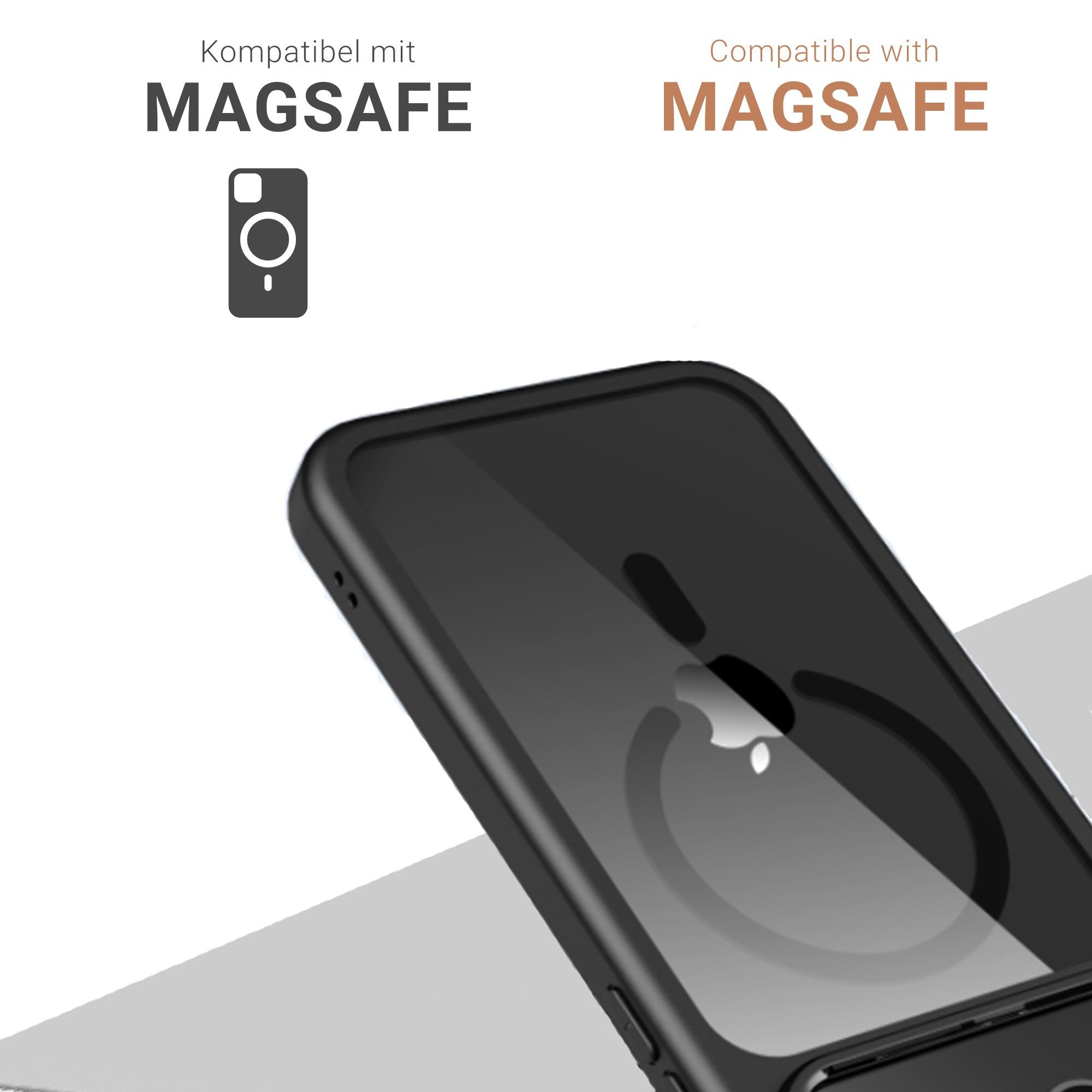 Coque noire avec téléphone, compatible MagSafe, sur fond blanc.