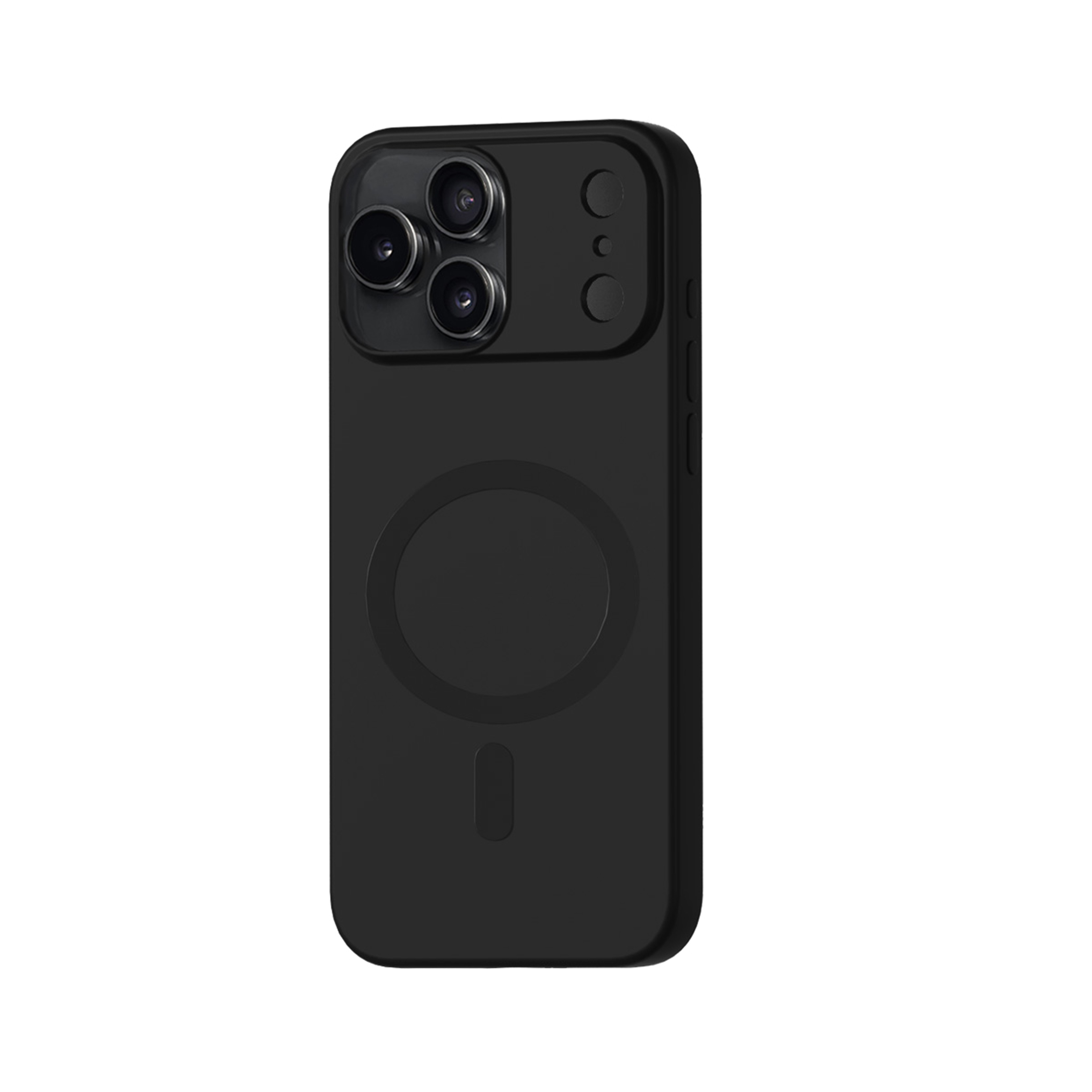 Une coque de téléphone noire. Elle comporte trois objectifs, deux autres cercles et un grand cercle au dos.