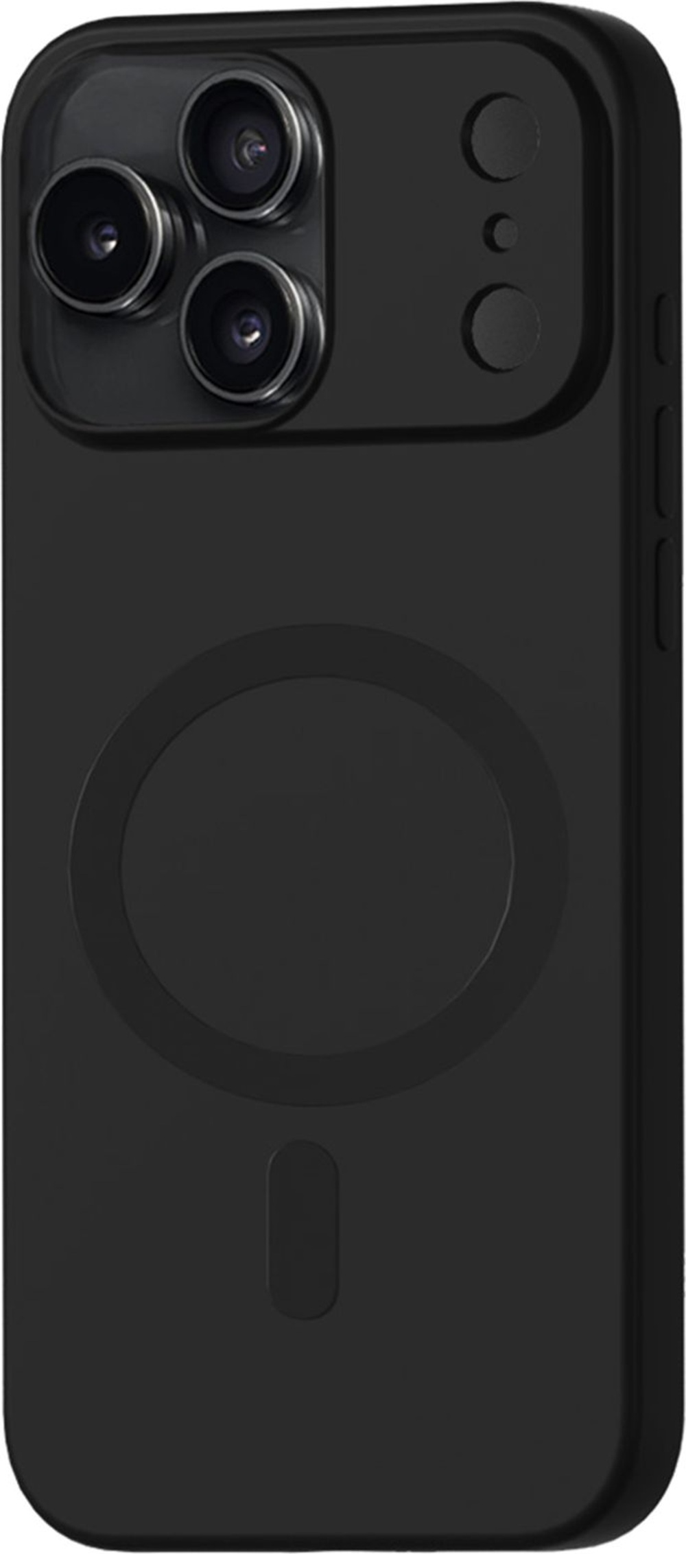 Une coque de téléphone noire avec une découpe pour caméra à triple objectif et un anneau magnétique. Elle a des boutons latéraux et une découpe de charge.