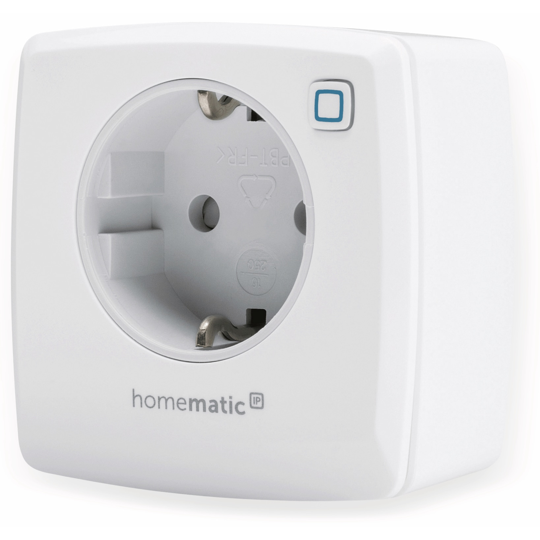 Ein weißer Homematic IP Smart Plug. Er hat eine runde Steckdose, einen blauen Knopf und das Markenlogo.