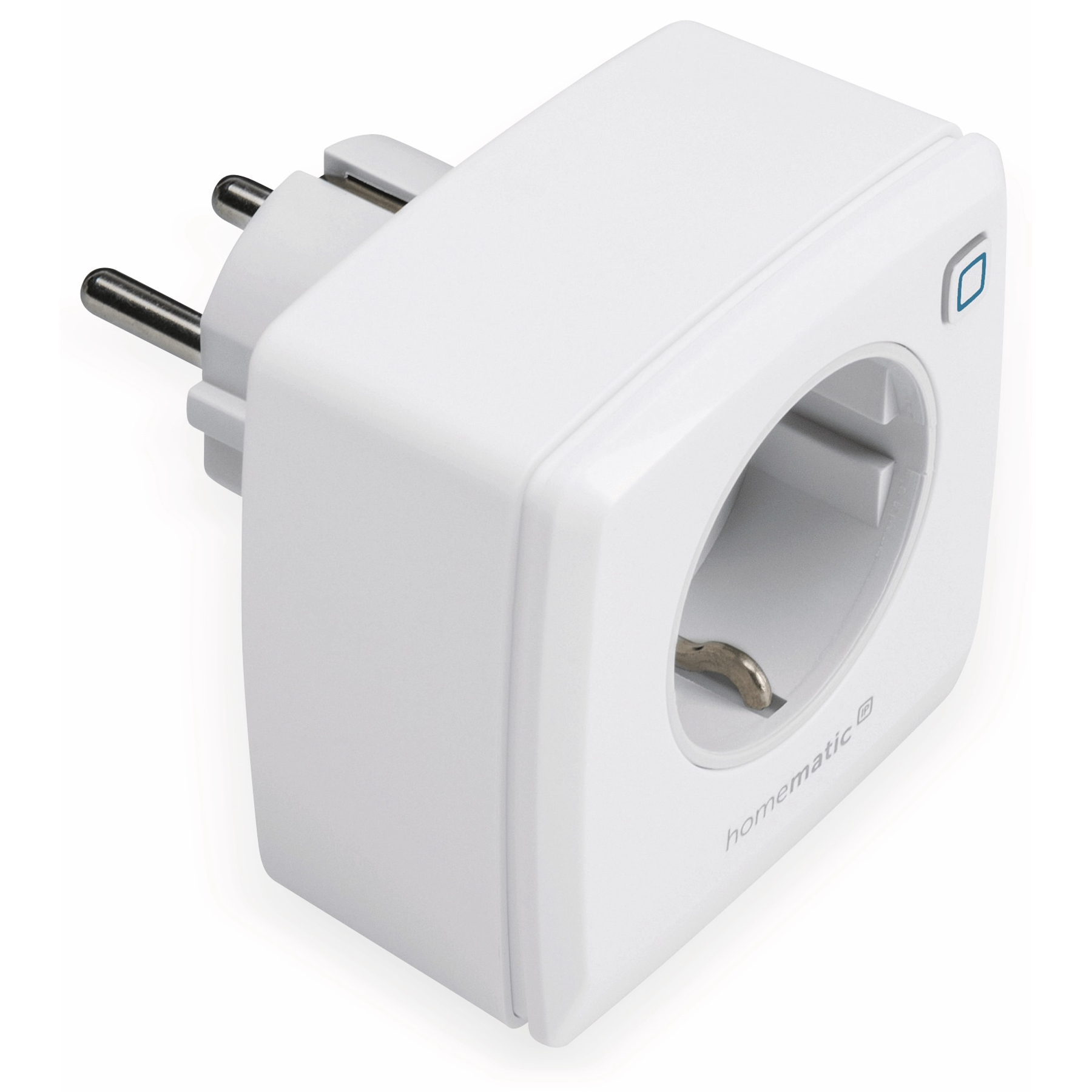 Weißer Smart-Stecker mit zwei Stiften und einer Steckdose. Der Stecker hat eine Taste und die Marke 'homematic IP' ist sichtbar.
