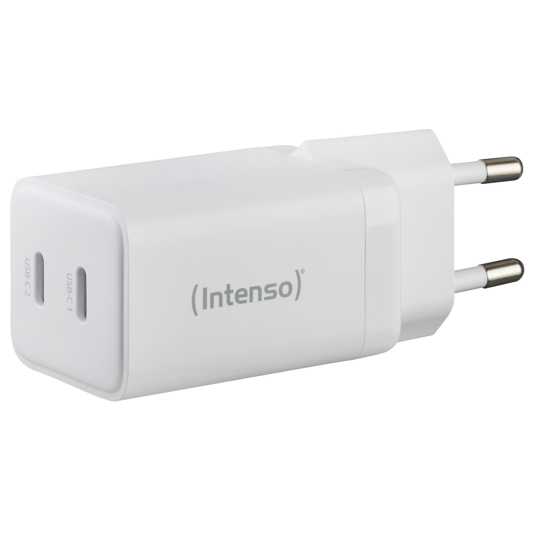 Ein weißes Intenso USB-Ladegerät mit zwei USB-Anschlüssen und einem zweipoligen Stecker.