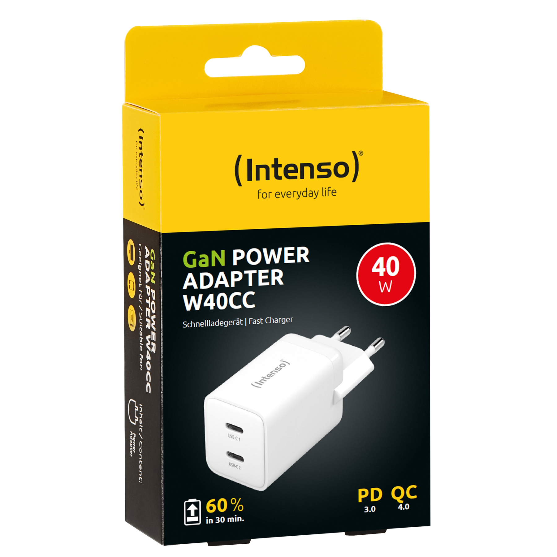 Eine gelb-schwarze Schachtel mit einem weißen Ladegerät, beschriftet mit 'GaN POWER ADAPTER W40CC' und der Marke 'Intenso'.