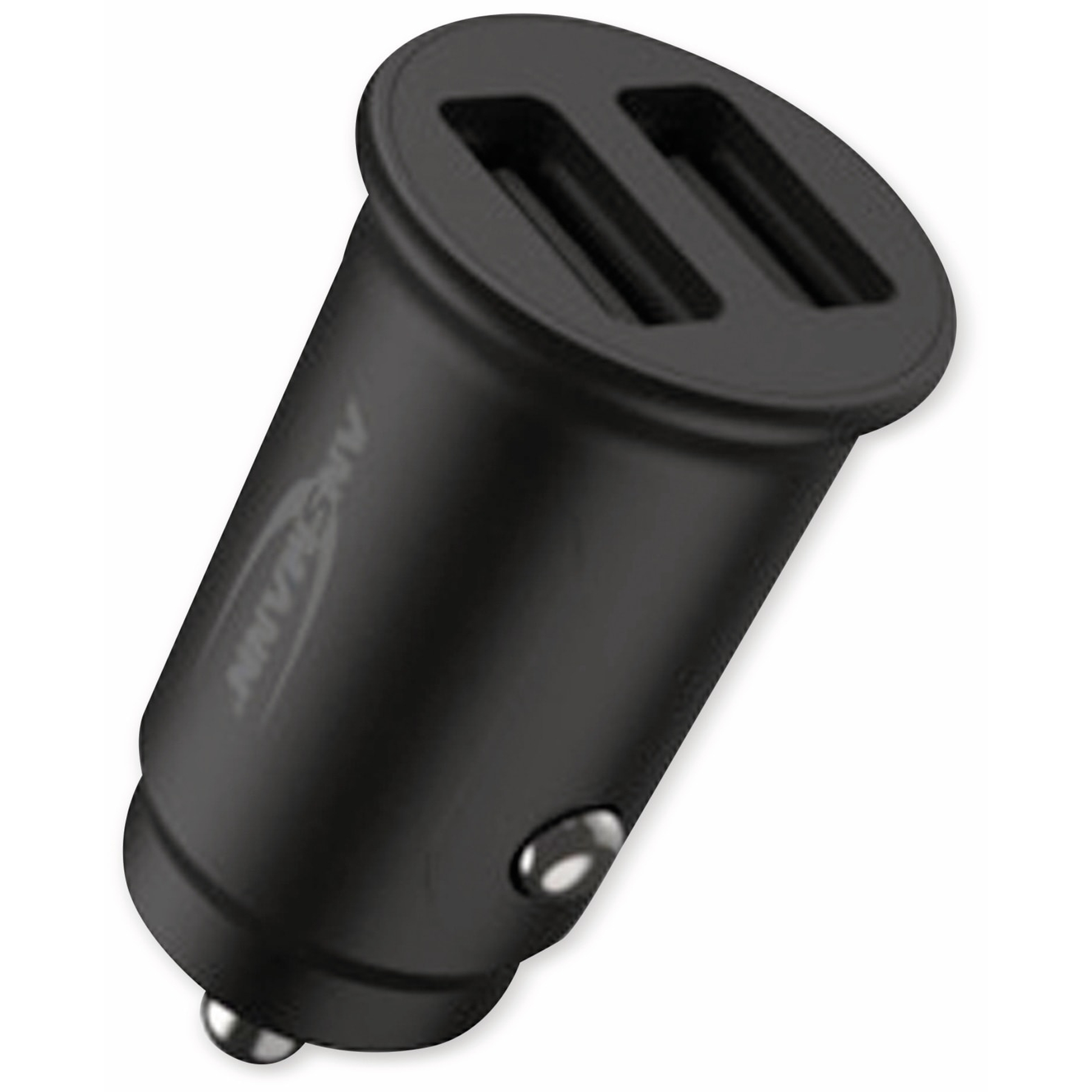 Un caricabatterie per auto nero con due porte USB. Il marchio 'ANSMANN' è visibile. È posizionato su sfondo bianco.