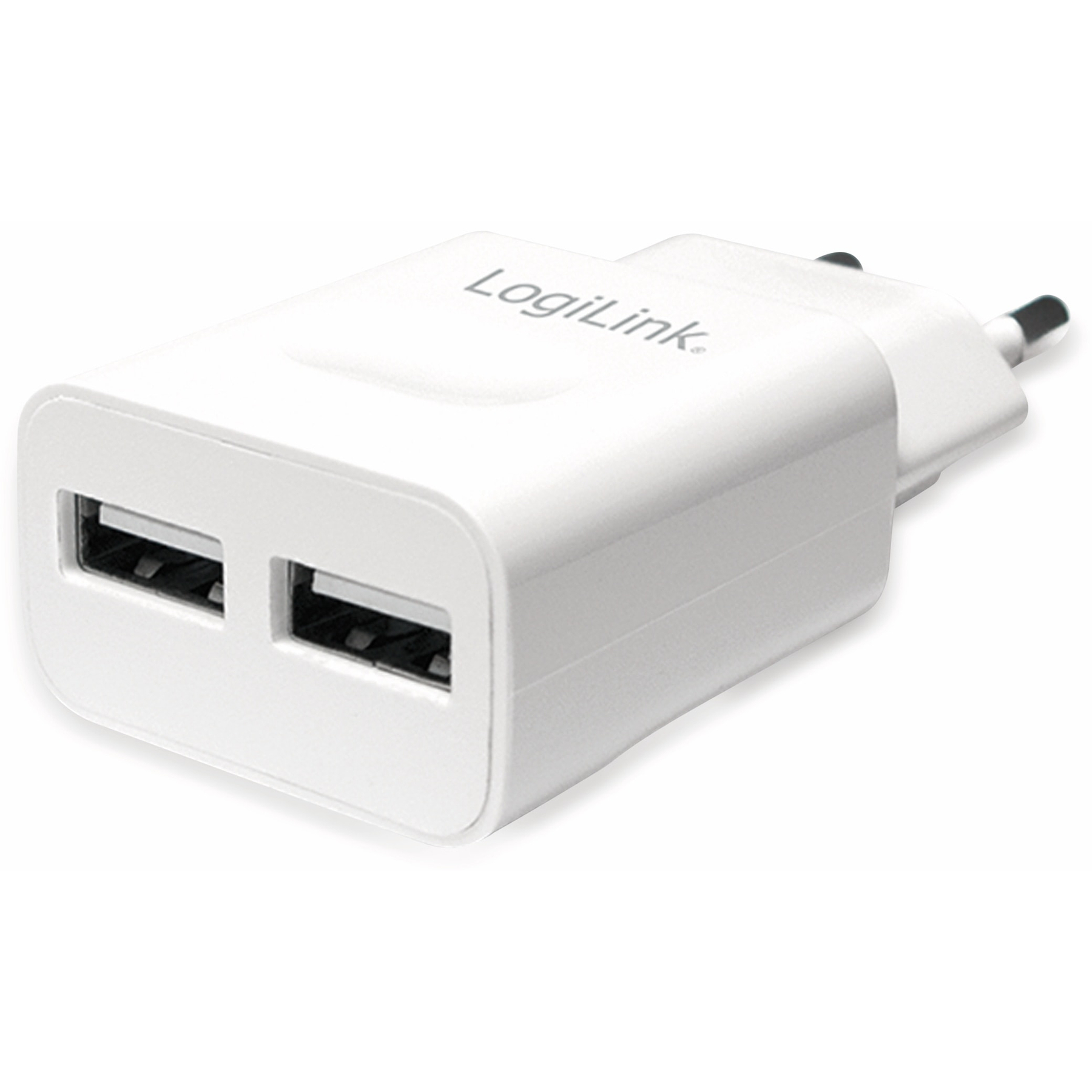 Ein weißes LogiLink USB-Ladegerät mit zwei Anschlüssen. Es hat einen Stecker und befindet sich auf weißem Hintergrund.