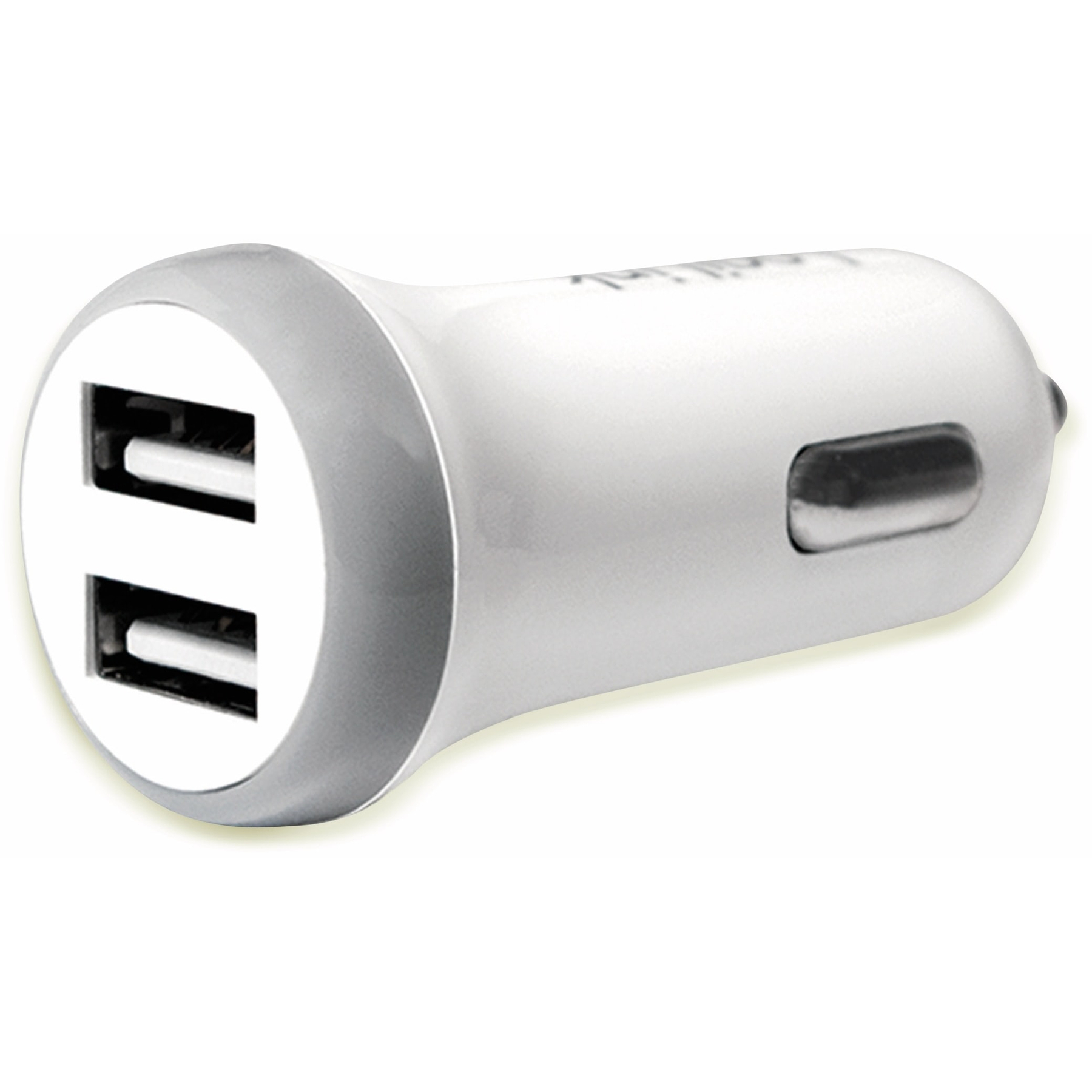 Ein weißes USB-Autoladegerät mit zwei Anschlüssen. Silberne Akzente auf der Vorderseite und den Kanten.