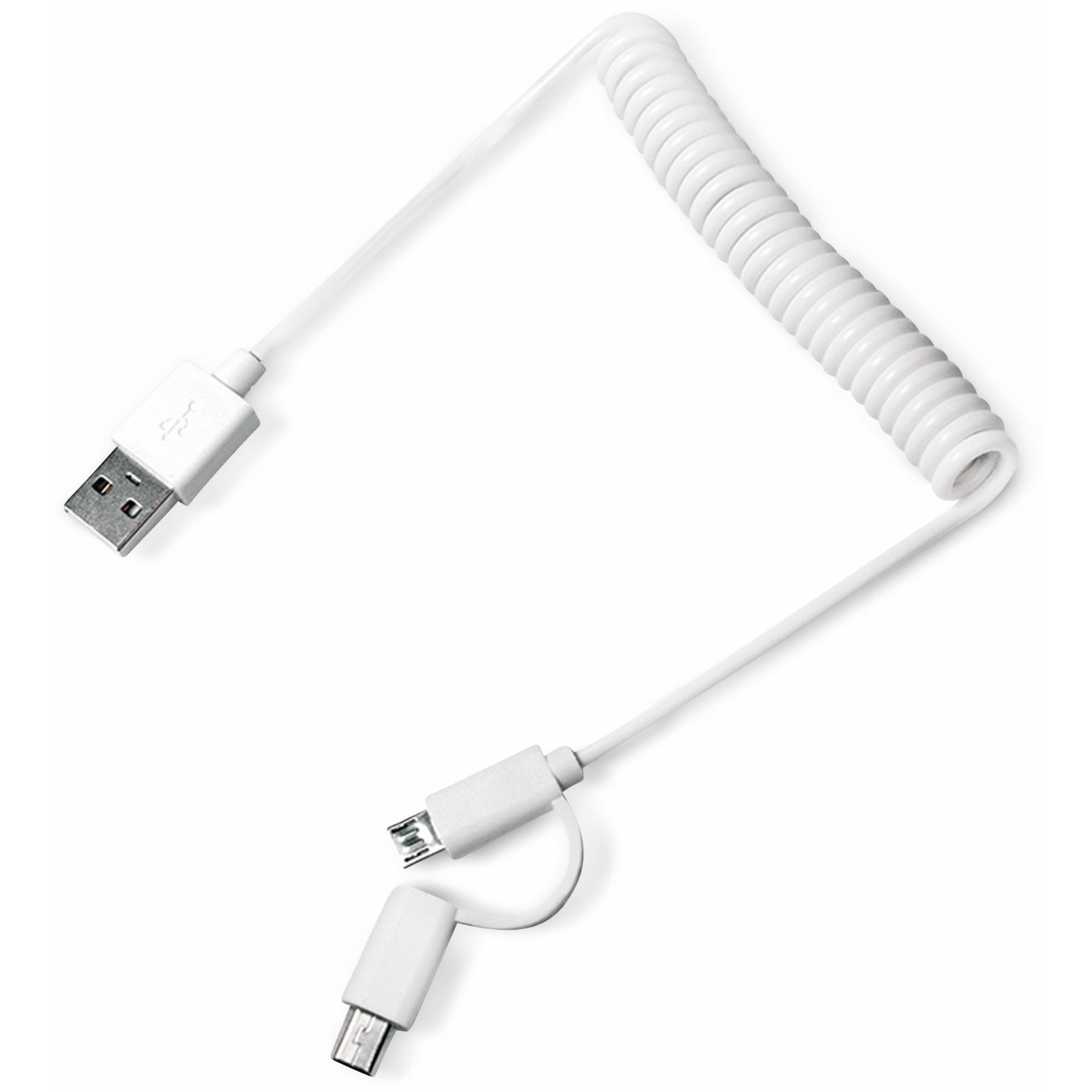 Ein weißes USB-Ladekabel mit einem spiralförmigen Abschnitt und zwei verschiedenen Steckertypen auf weißem Hintergrund.
