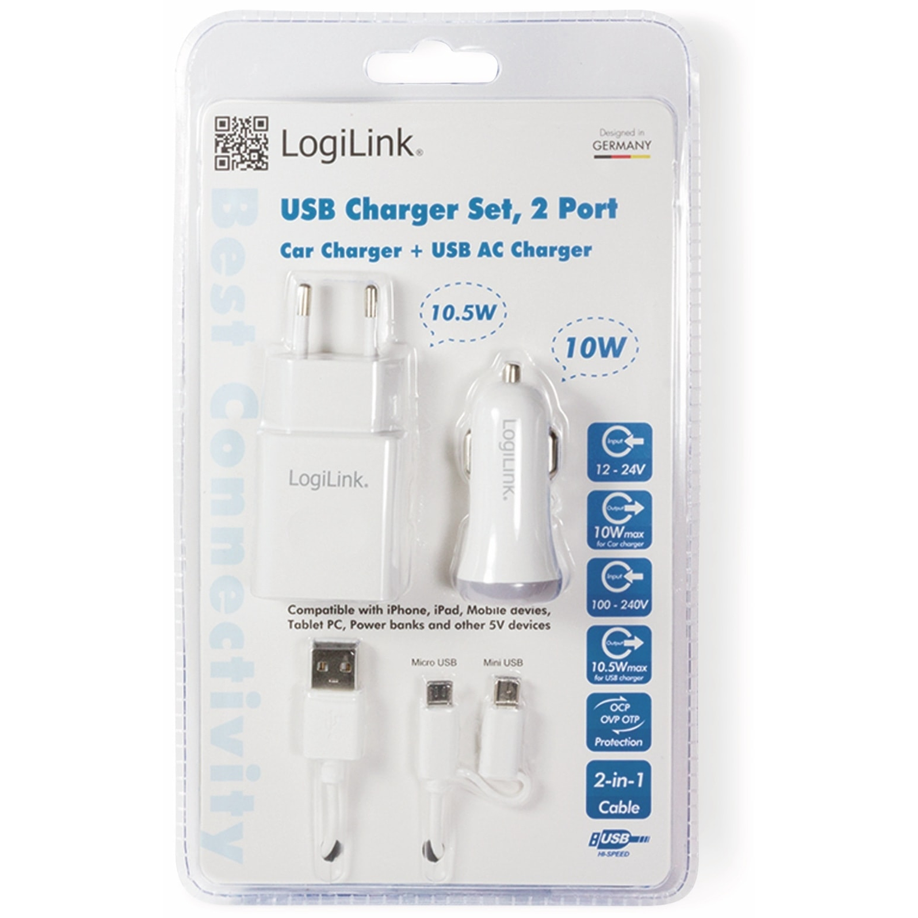 Ein LogiLink USB-Ladegerät-Set, 2-Port, mit Auto- und AC-Ladegerät, mit Micro- und Mini-USB-Kabeln. Weiße Verpackung.