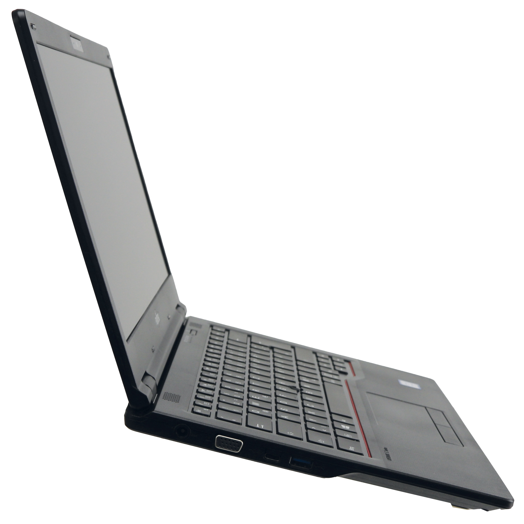 Un computer portatile nero è angolato verso destra, mostrando schermo e tastiera. Lo sfondo è bianco.