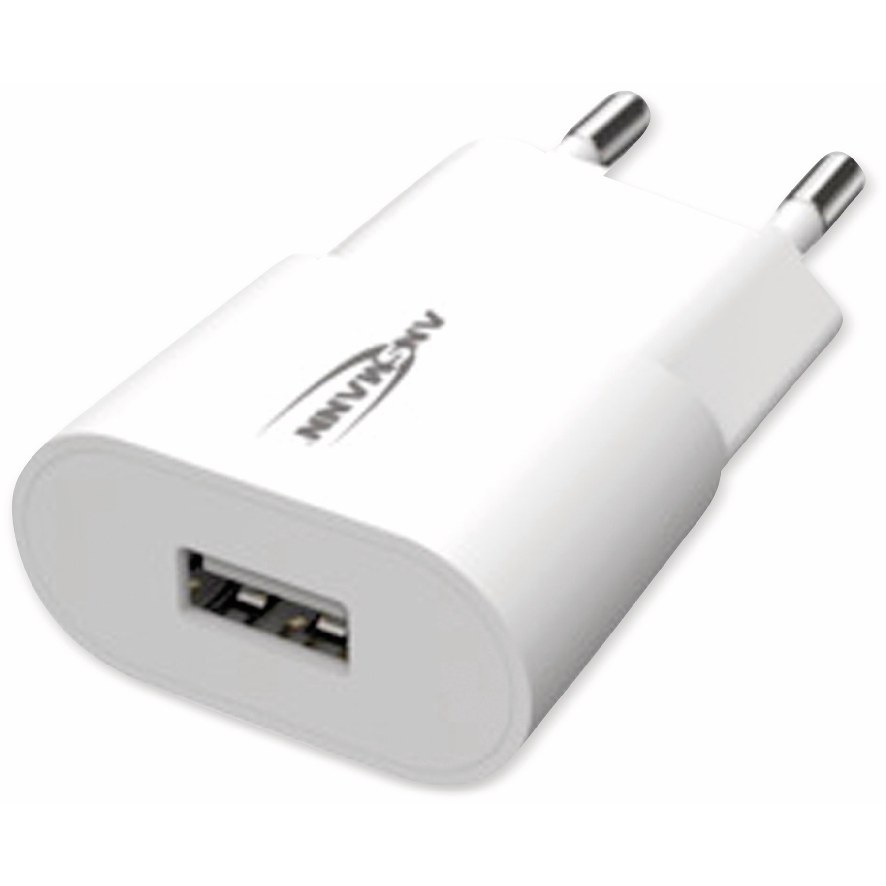 Ein weißes ANSMANN USB-Ladegerät mit zwei silbernen Stiften. Es hat einen USB-Anschluss und befindet sich auf weißem Hintergrund.