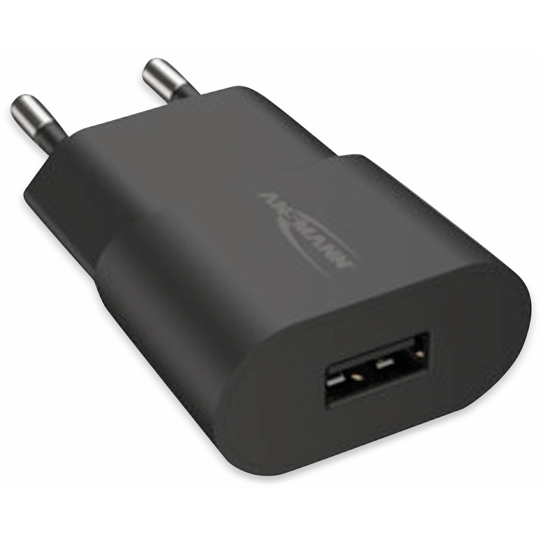 Un caricabatterie USB Ansmann nero con spine argentate. Il caricabatterie ha una porta USB e si trova su sfondo bianco.