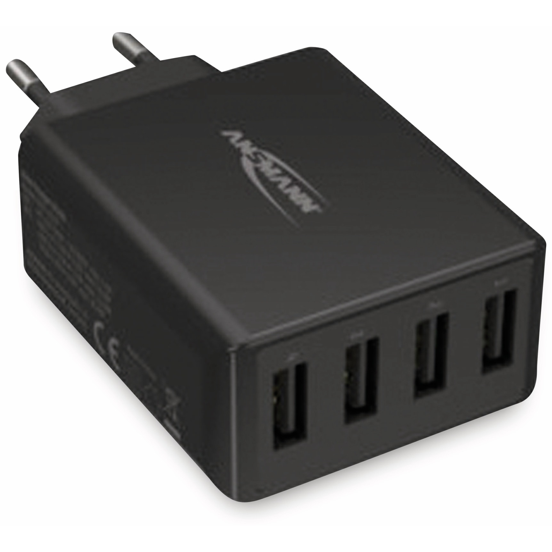 Caricatore USB ANSMANN nero con 4 porte. Ha due spine per la presa e uno sfondo bianco.