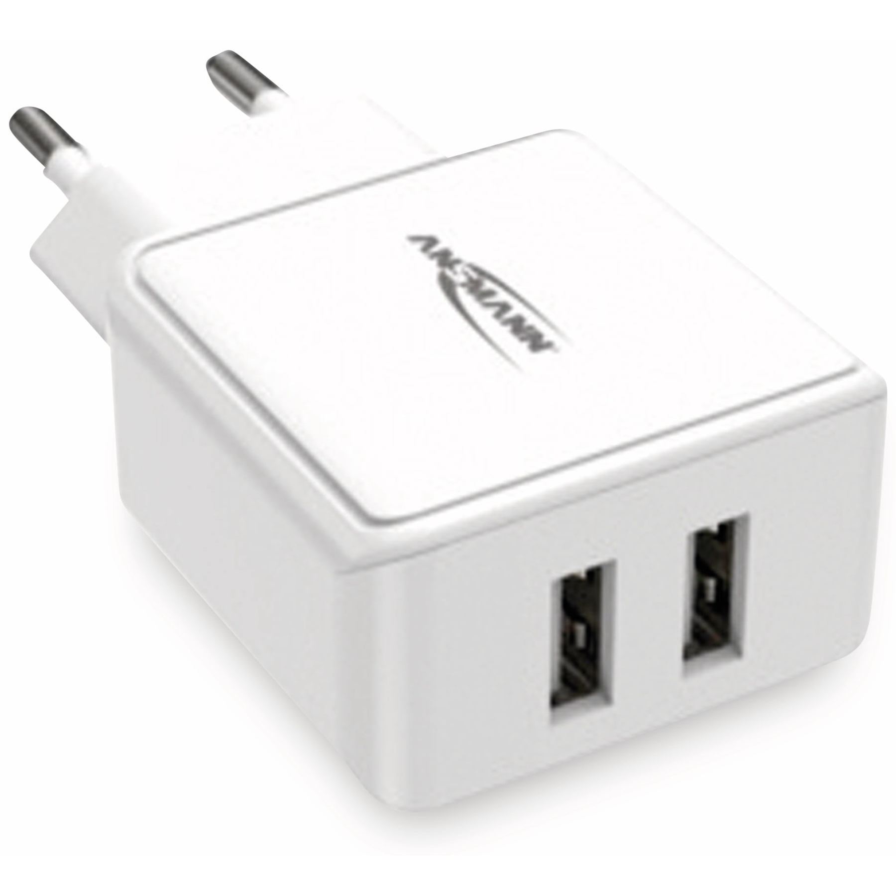 Caricatore USB ANSMANN bianco con due porte e connettori argentati. Il caricatore è su sfondo bianco.