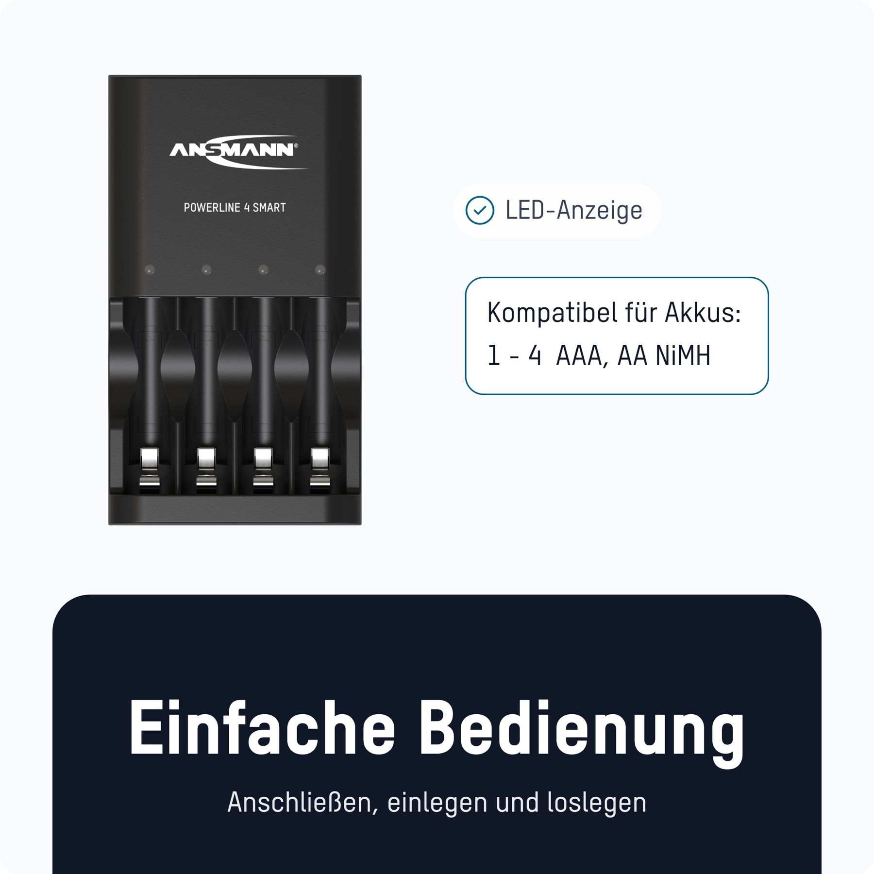 Schwarzes ANSMANN Powerline 4 Smart Ladegerät. Text: LED-Anzeige, kompatibel mit AAA, AA NiMH Batterien. Einfache Bedienung.