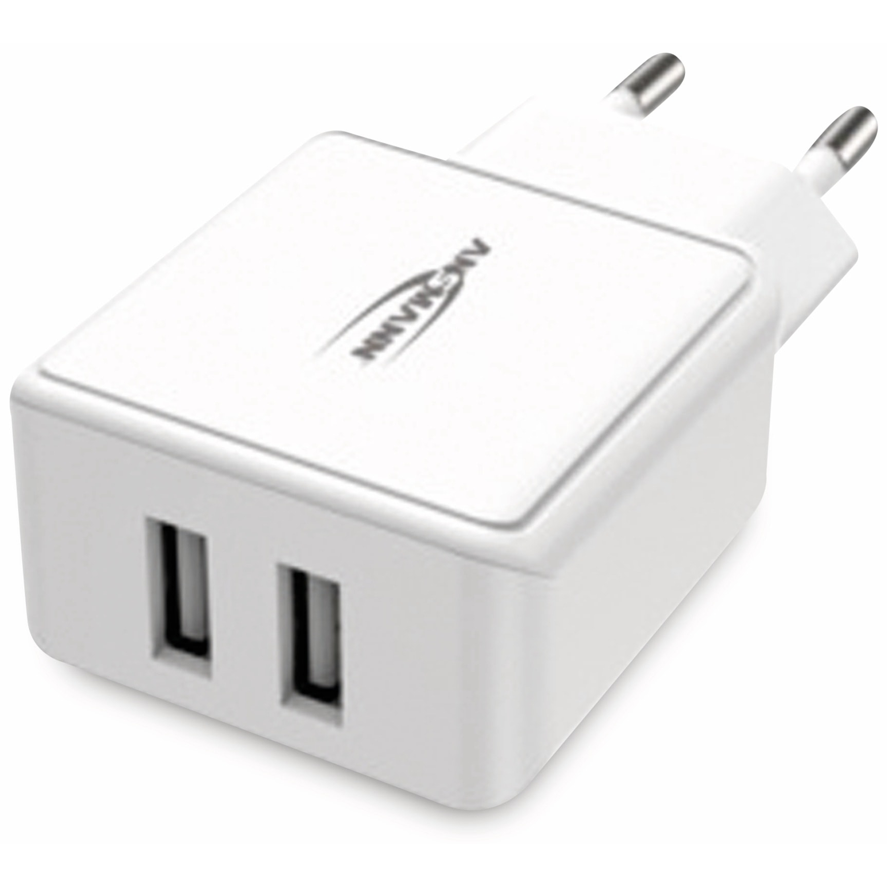 Caricatore USB bianco con due porte e spina. Ha il marchio ANKER.