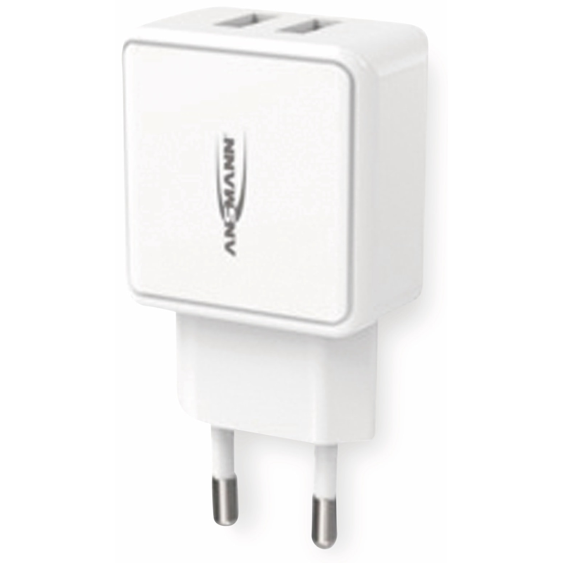 Un caricatore Anmann bianco con due porte USB e due spine argentate, isolato su sfondo bianco.