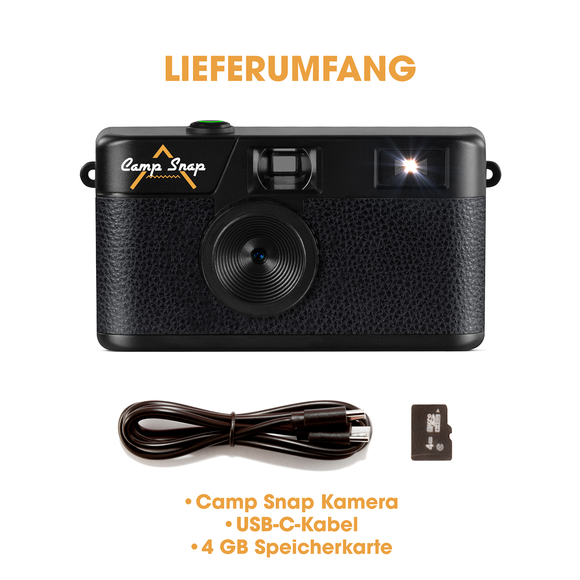 Czarny aparat Camp Snap z akcesoriami: kablem USB-C i kartą pamięci 4GB. Tekst: Lieferumfang.