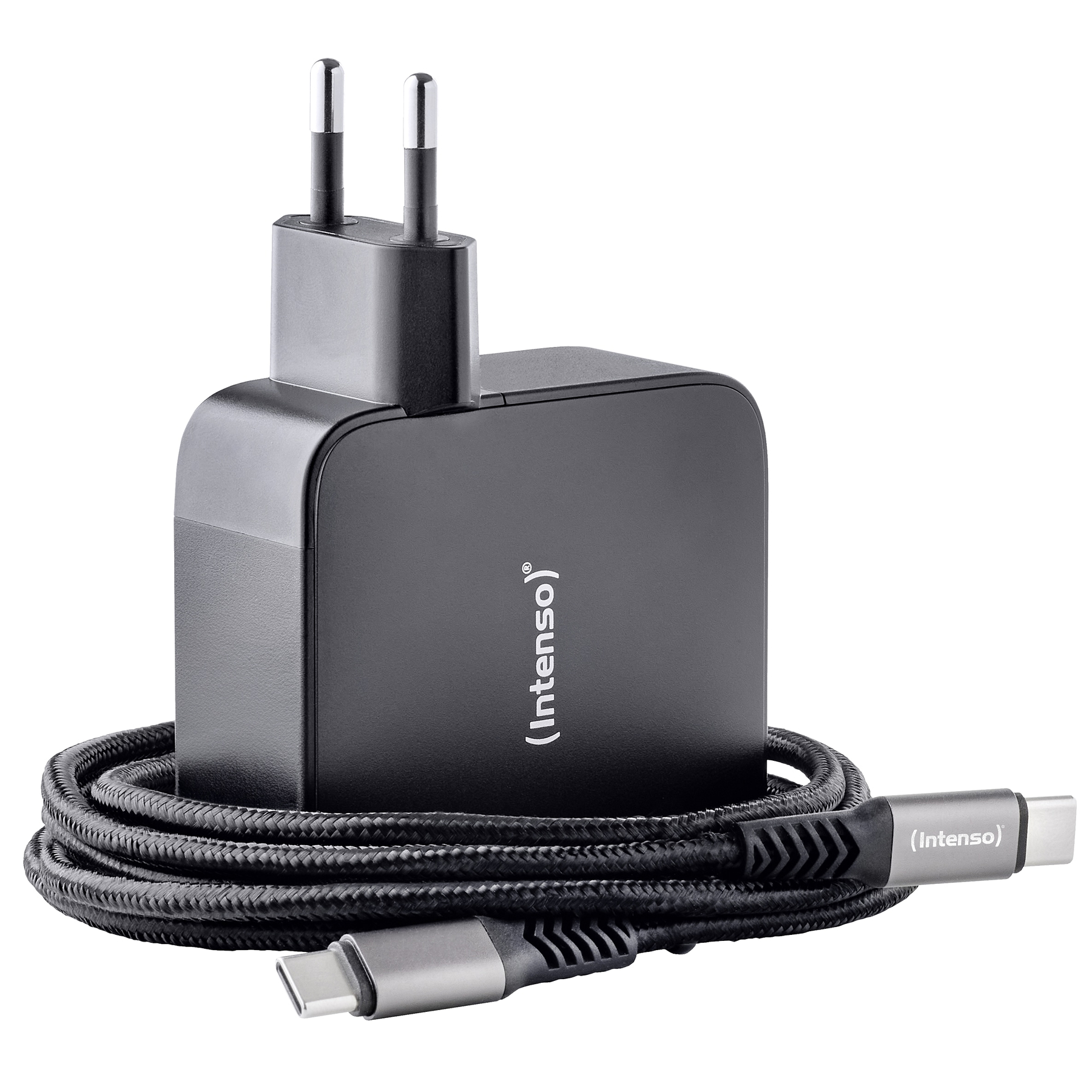 Black Intenso charger with a wrapped cable and two-prong plug. A USB-C cable is attached.