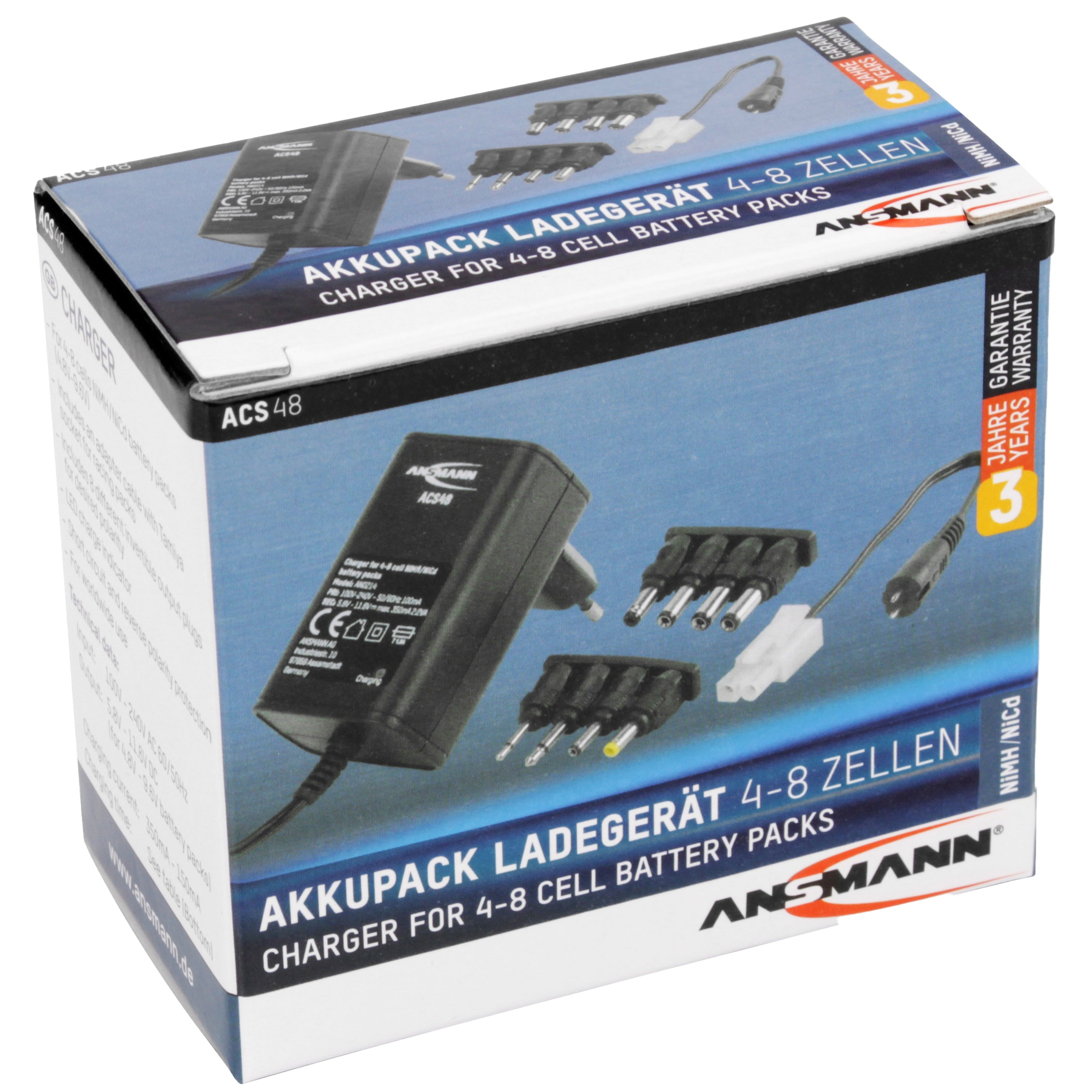 Box mit Ladegerät-Grafik. Text lautet 'AKKUPACK LADEGERAT 4-8 ZELLEN' und 'CHARGER FOR 4-8 CELL BATTERY PACKS'.