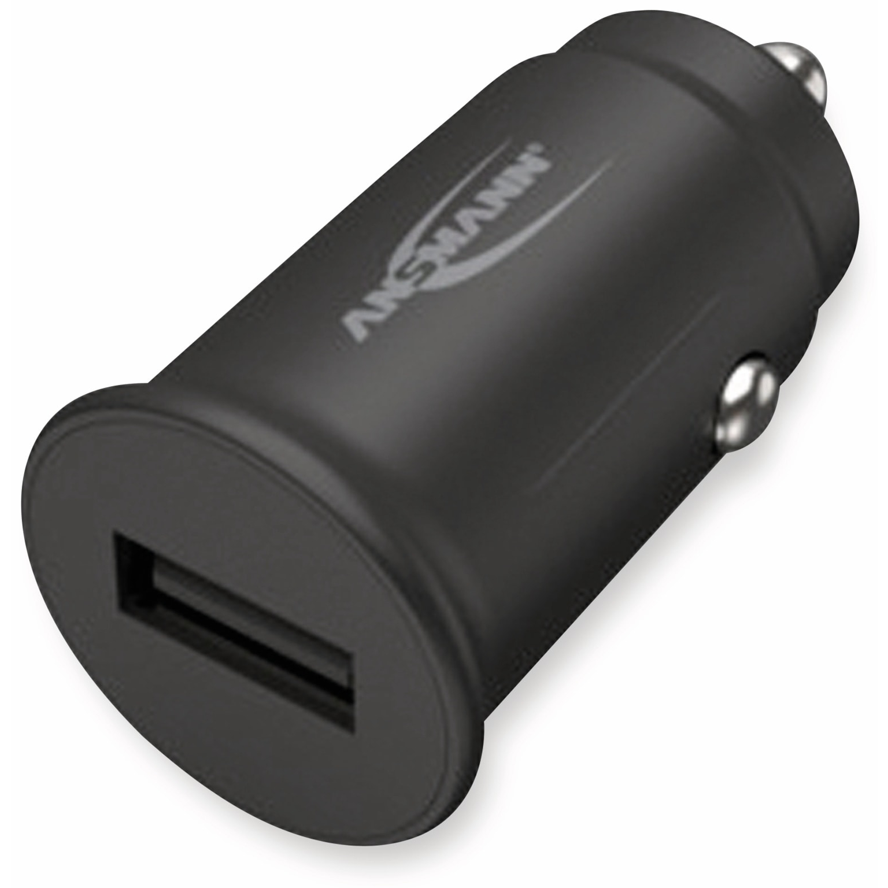 Un caricabatterie per auto nero con porta USB. Il caricabatterie ha il logo 'ANSMANN'. Sono visibili dettagli argentati.